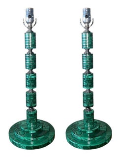 Set of Four Malachite Table Lamps with Nickel Details, Italy, 1970's.
