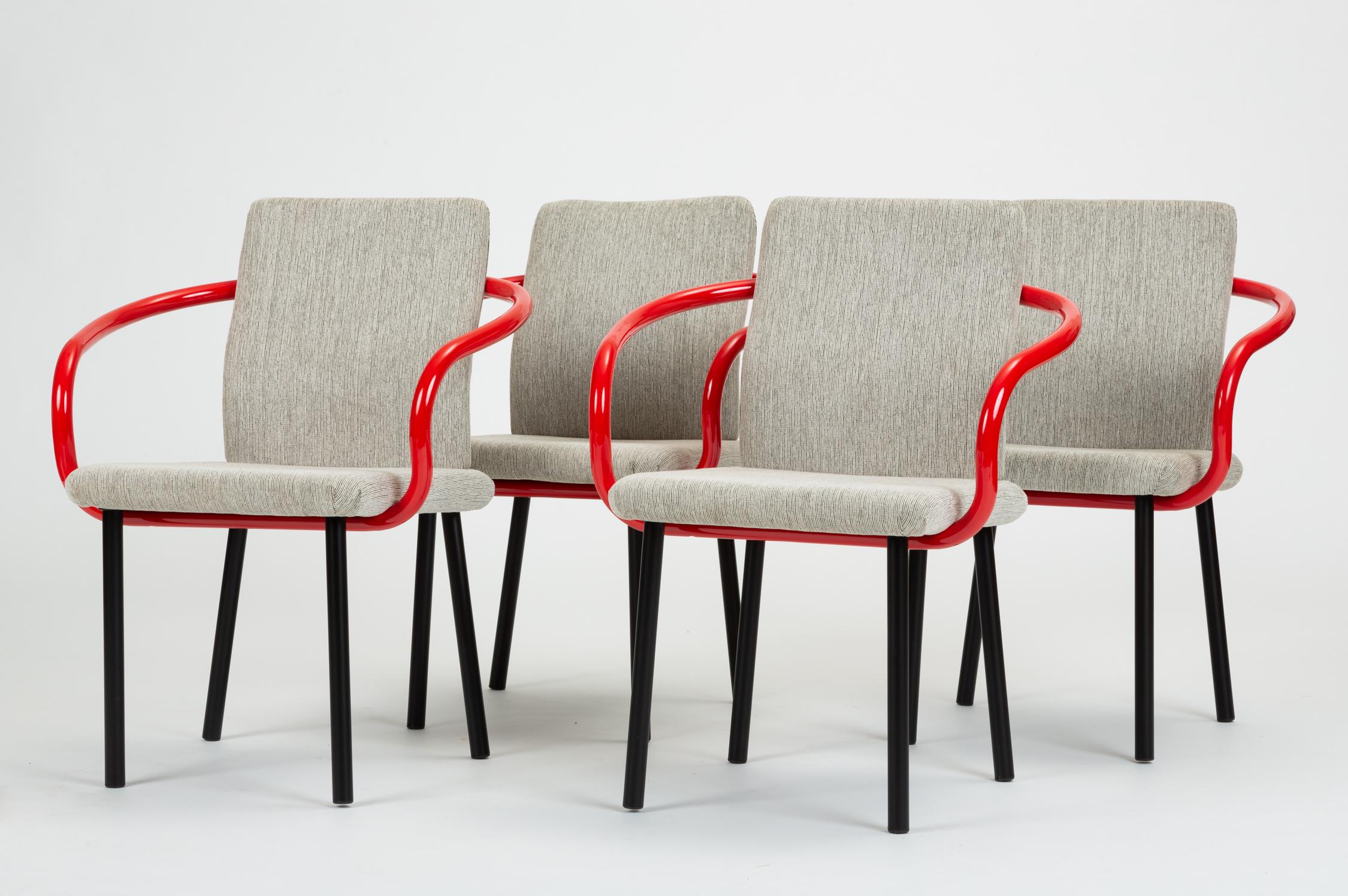 Set of Four Ettore Sottsass for Knoll Mandarin Chairs with Red Arms 7