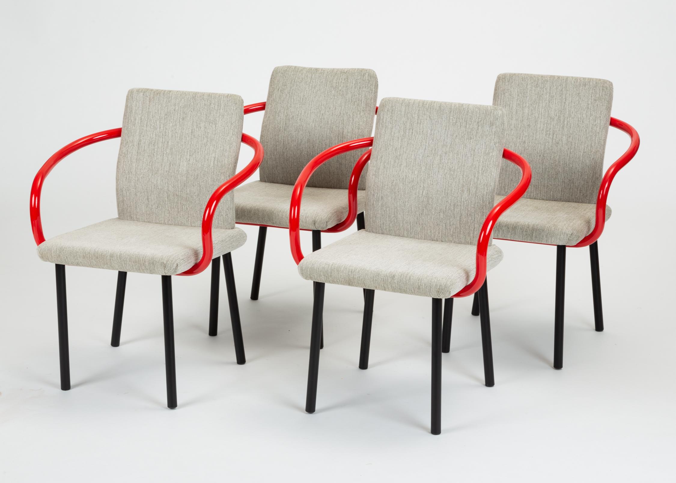 A 1986 design by Ettore Sottsass for Knoll, the Mandarin chair has a curved back- and armrest, upholstered seat, and four round legs in enameled metal. A slight wave in the backrest gives it an ergonomic swell. The chair plays equally to Sottsass’