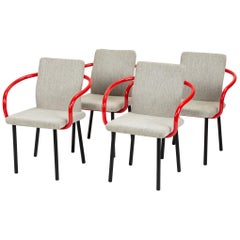Set of Four Ettore Sottsass for Knoll Mandarin Chairs with Red Arms