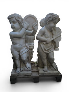Set of Four Marble Cherubs Playing Musical Instruments, Italy, 1950s