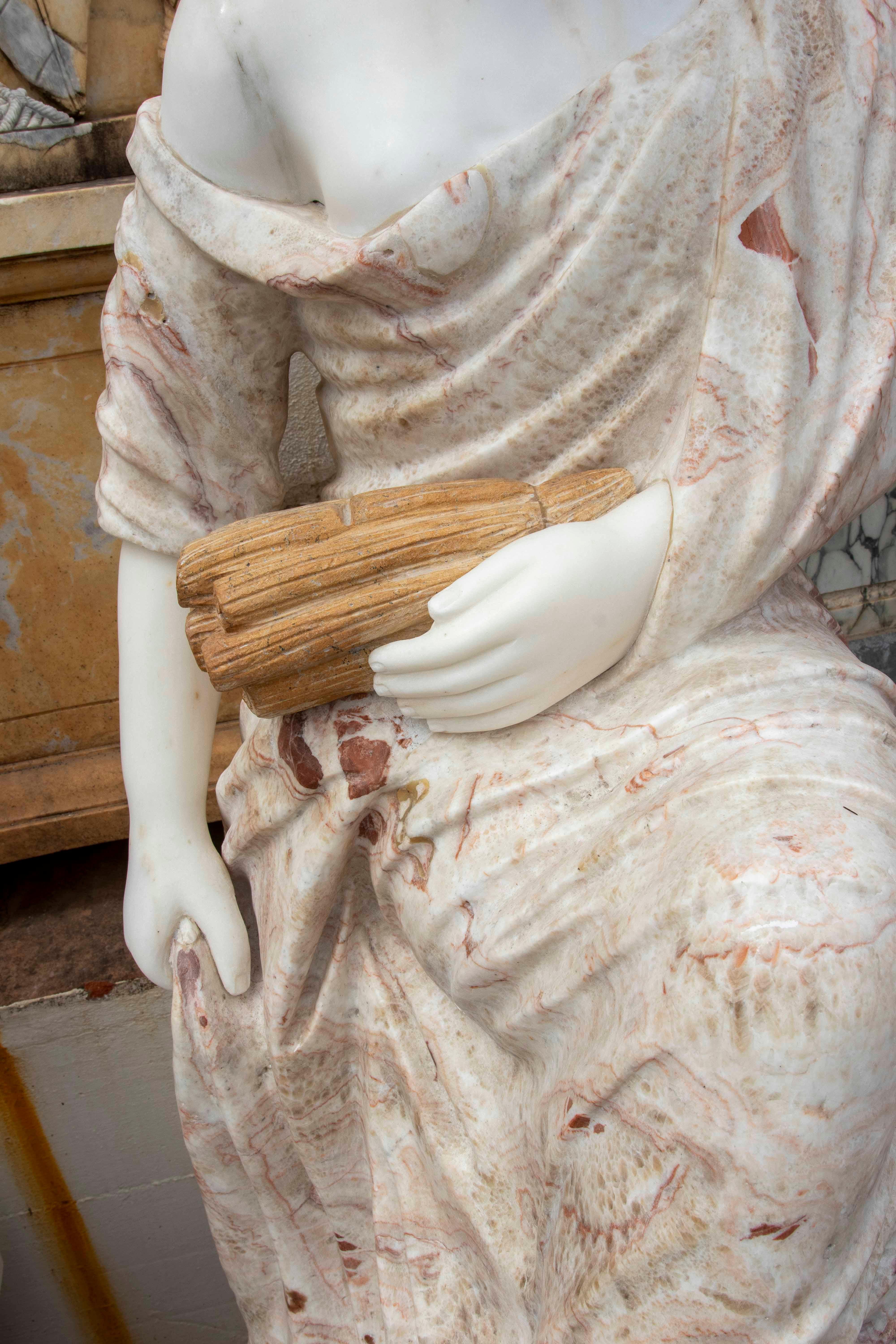 Set of Four Marble Sculptures of Seated Classical Ladies with Pedestals For Sale 4