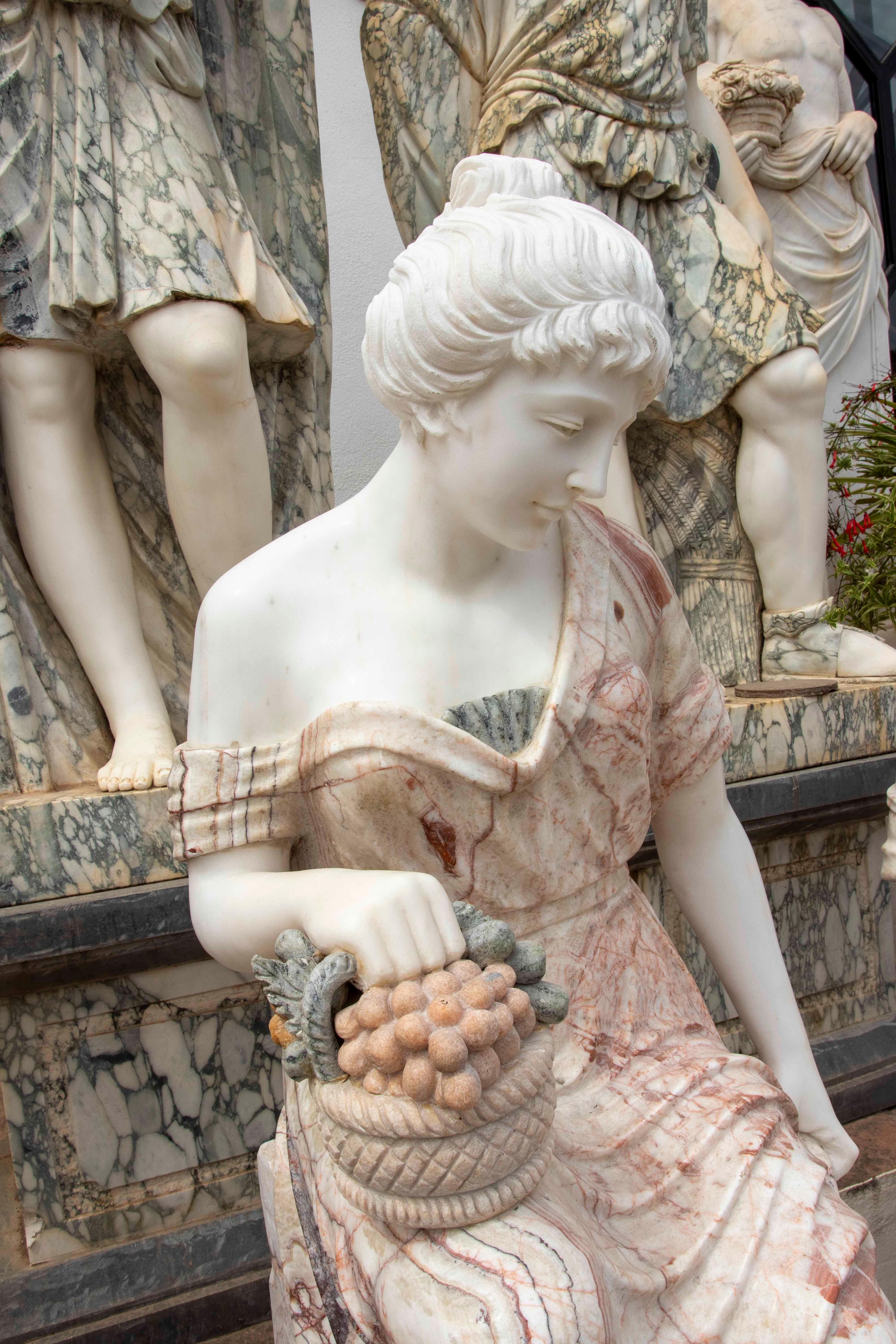 Set of Four Marble Sculptures of Seated Classical Ladies with Pedestals For Sale 3