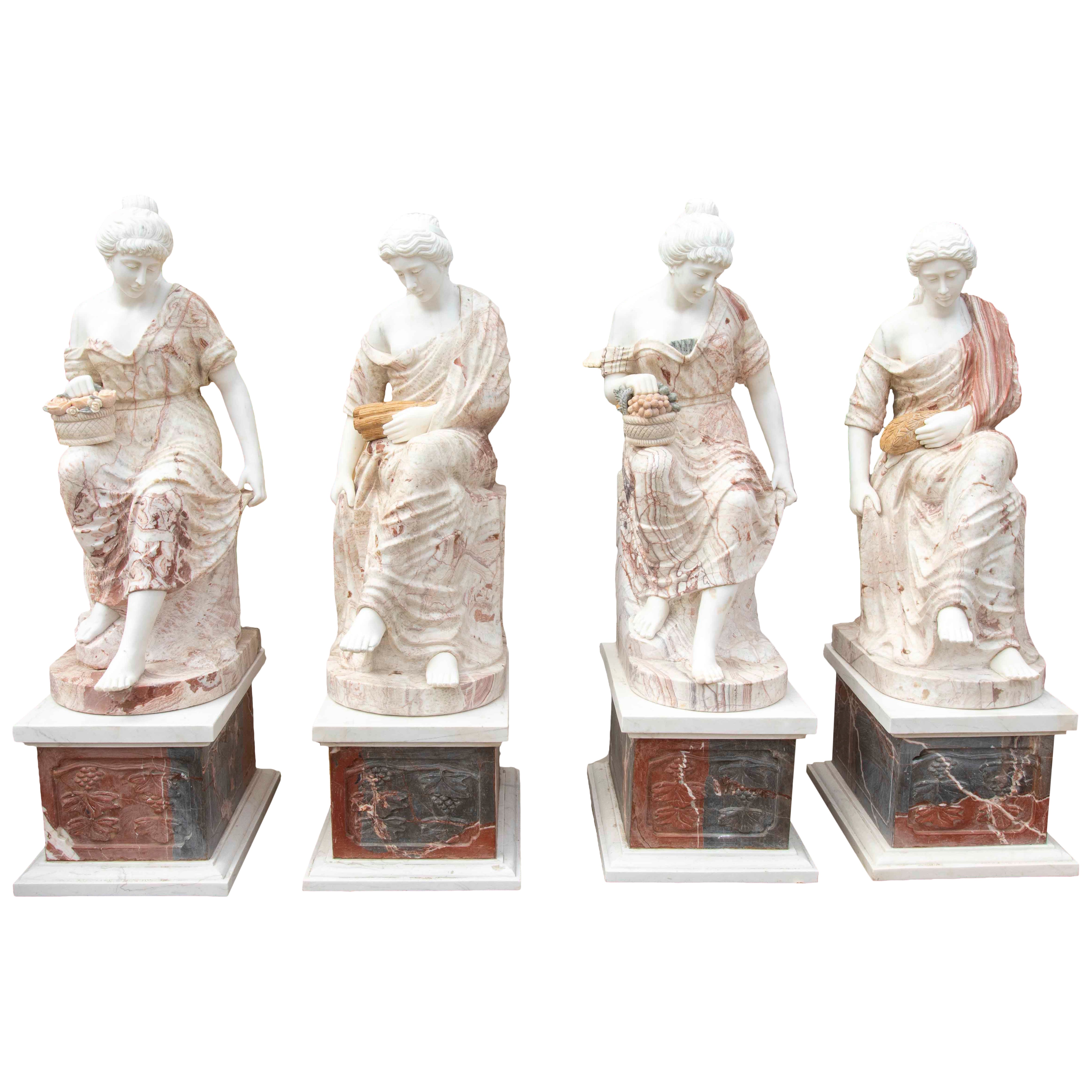 Set of Four Marble Sculptures of Seated Classical Ladies with Pedestals For Sale