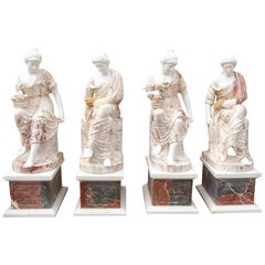 Set of Four Marble Sculptures of Seated Classical Ladies with Pedestals