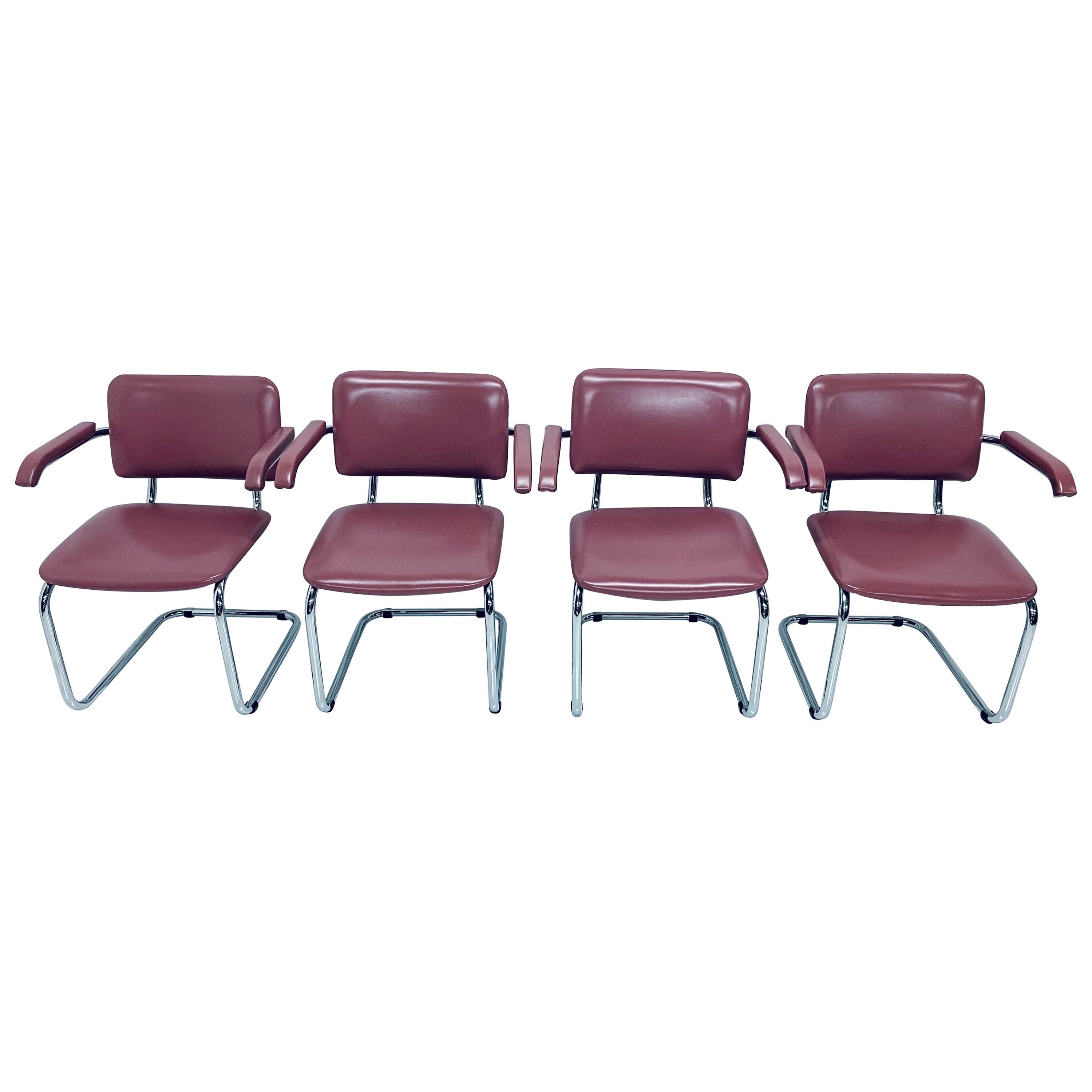 Set of Four Marcel Breuer Cesca Chrome Dining Chairs in Pink Naugahyde, 1970s