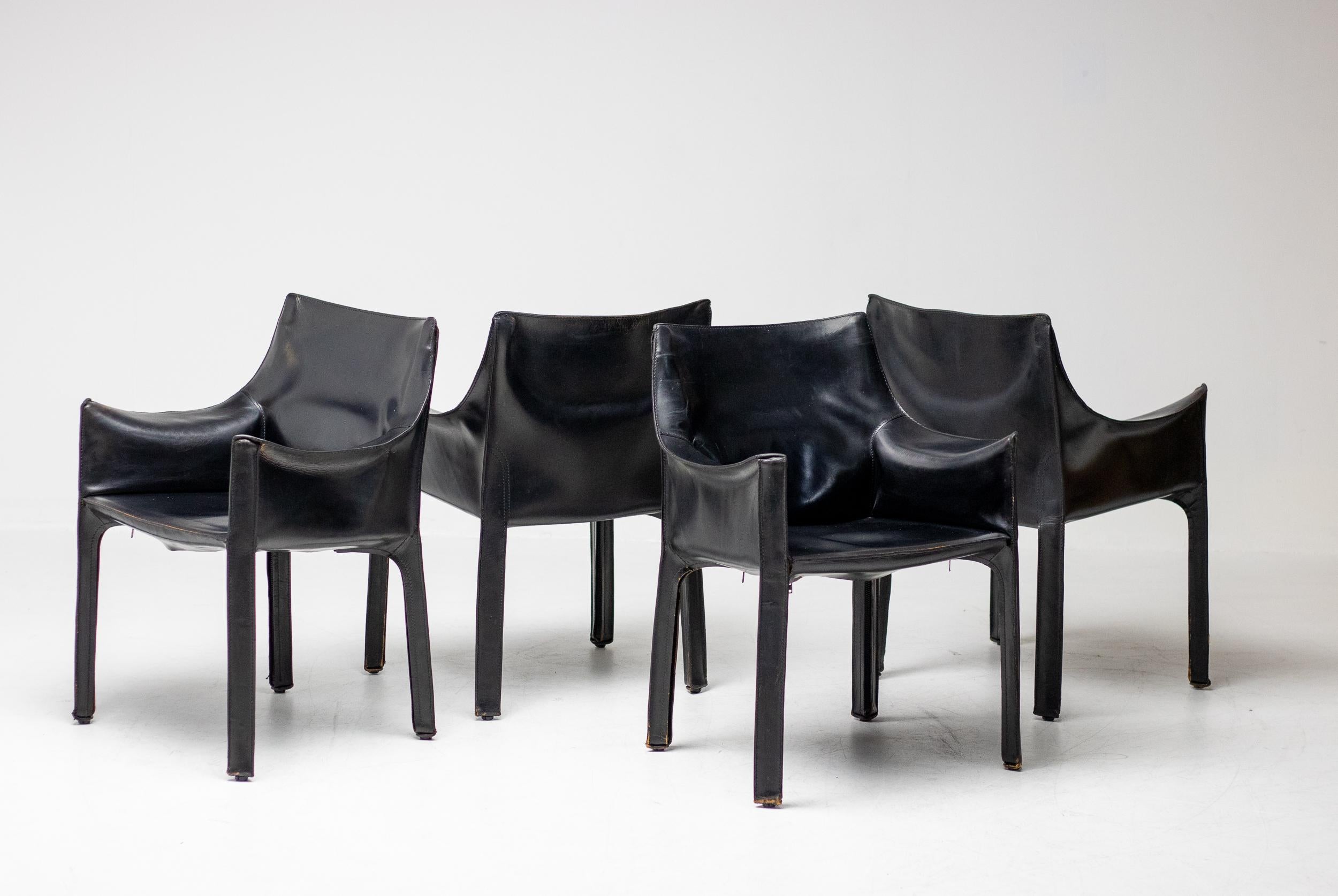 Set of Four Mario Bellini Black Leather Cassina CAB Armchairs For Sale 5