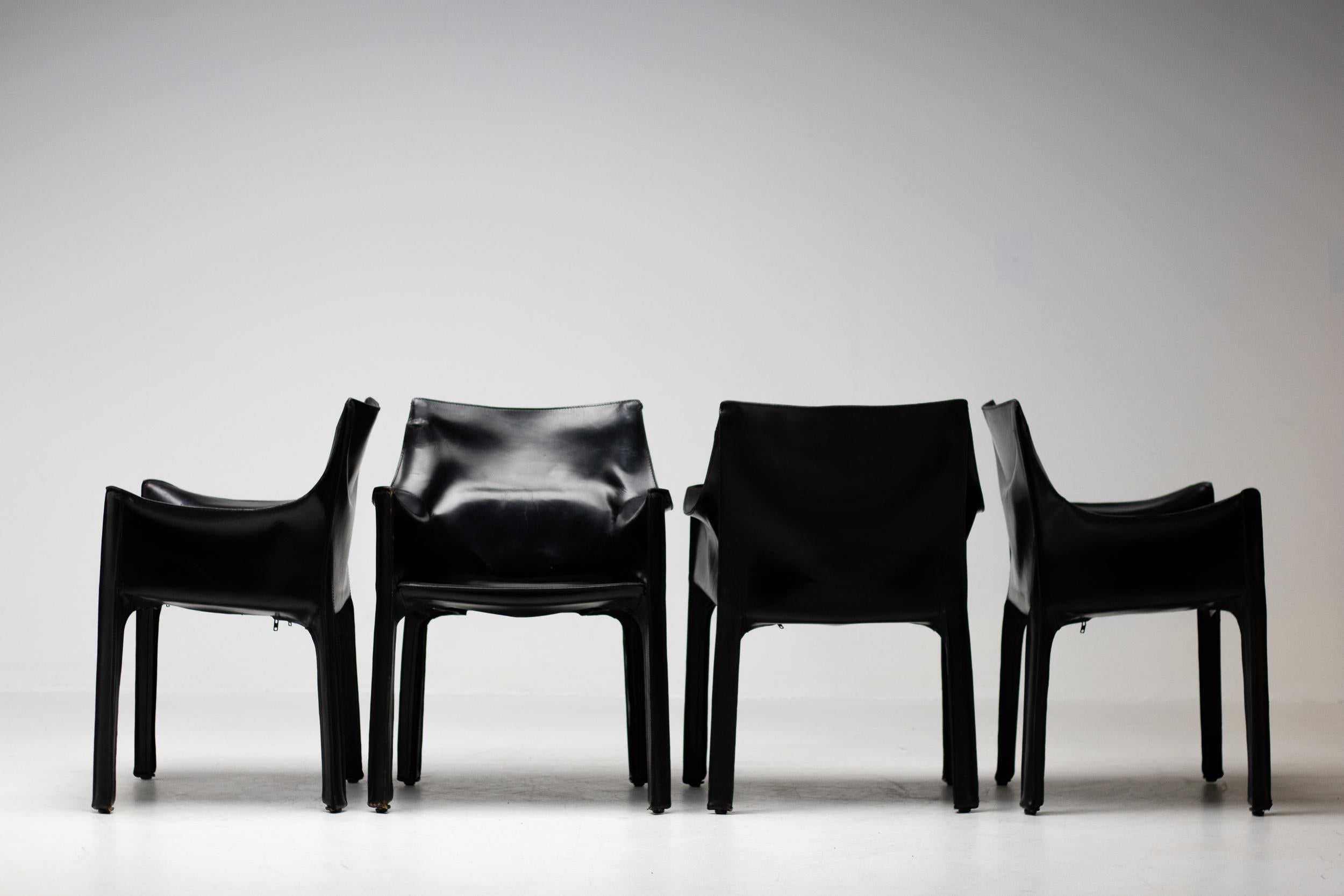 Set of Four Mario Bellini Black Leather Cassina CAB Armchairs For Sale 7