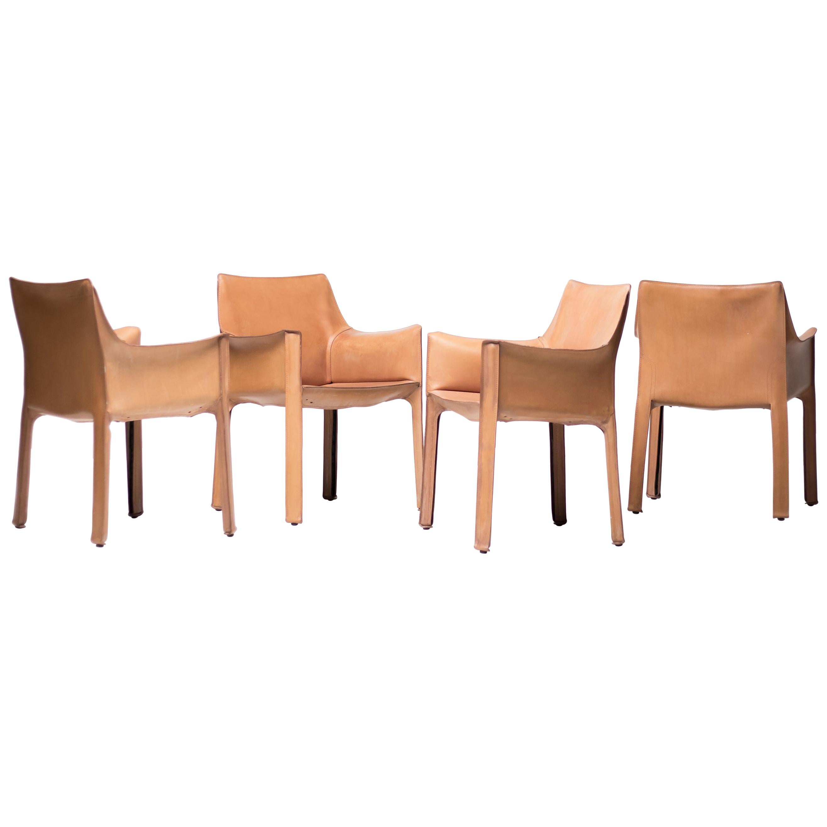 Set of Four Mario Bellini Natural Leather Cab Armchairs for Cassina