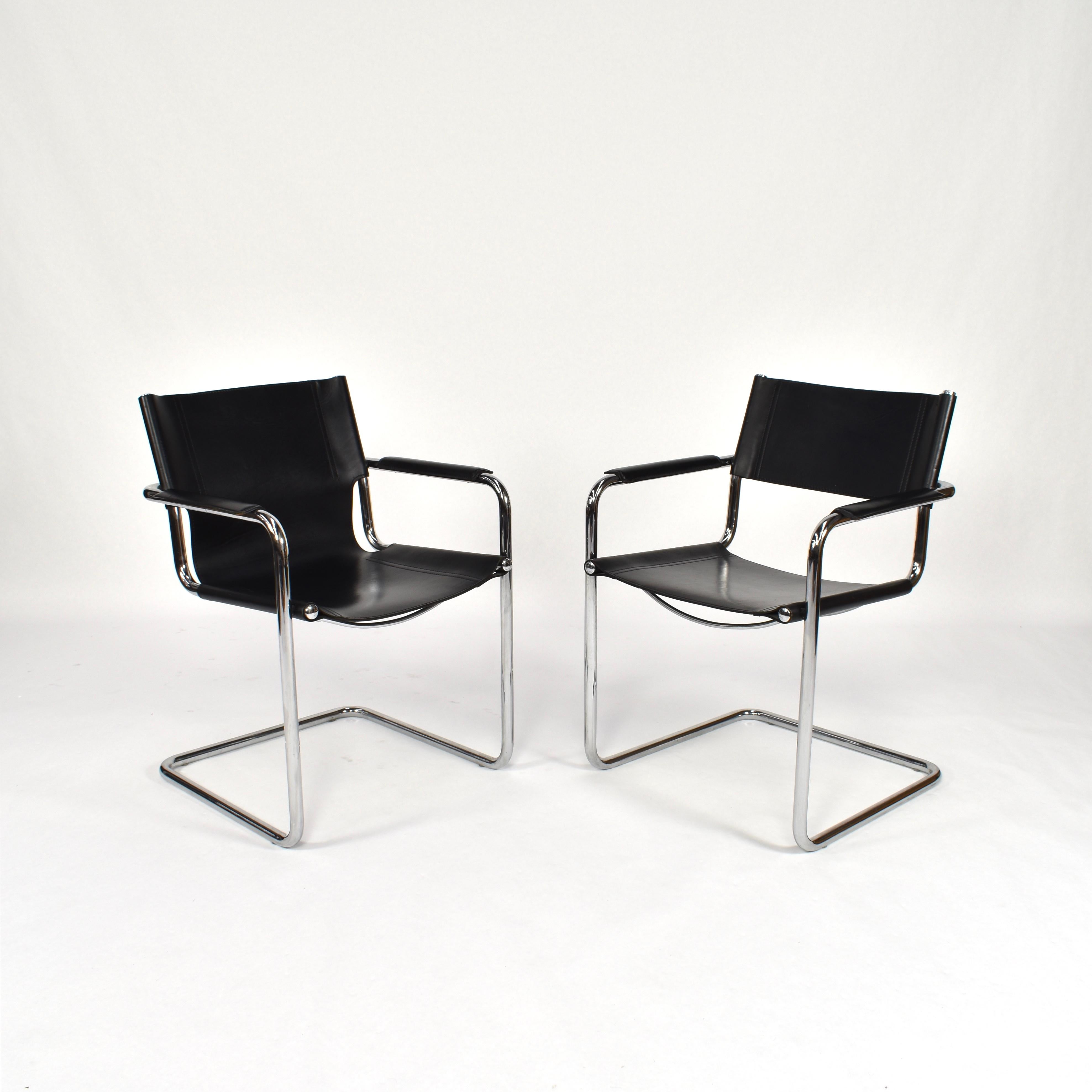Set of 4 Bauhaus chairs designed by Mart Stam for Matteo Grassi in the 1970s. In the style of Marcel Breuer. The chairs feature leather seating and chrome tubular bases. Two chairs have closed leather seats and two chairs open leather