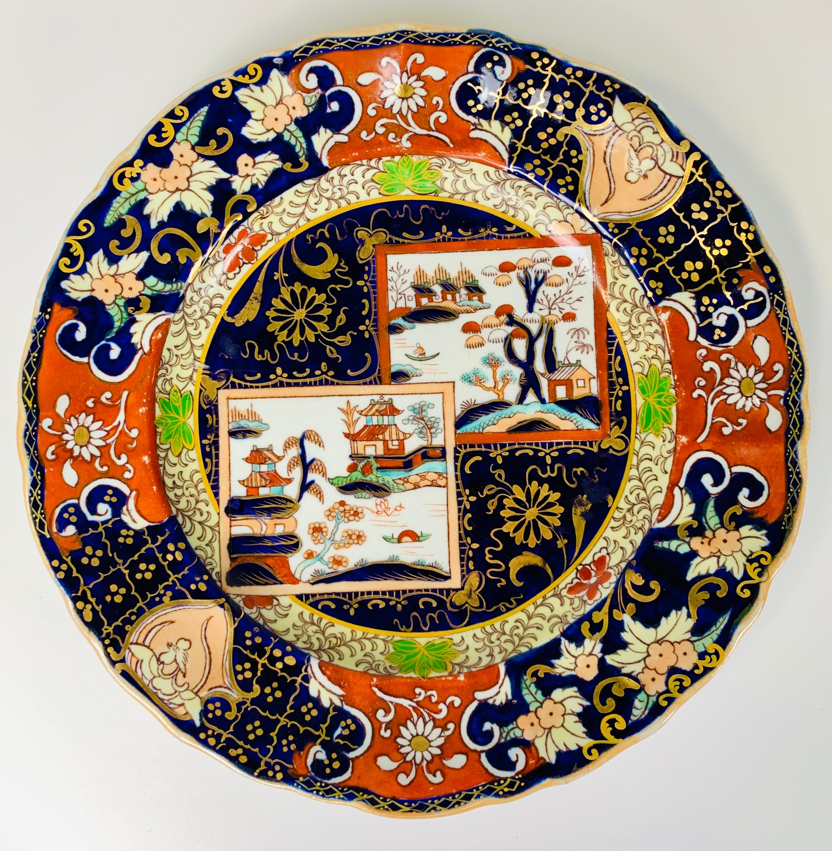 19th Century Set of Four Mason's Ironstone Plates in Chinoiserie Style Made England 1834-1842