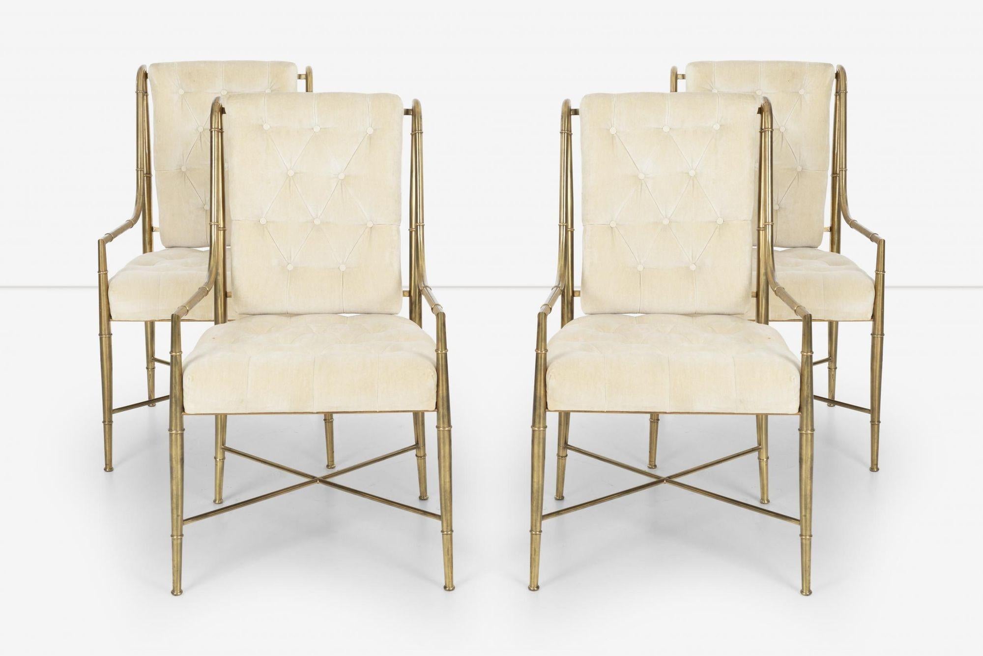 Set of four Mastercraft imperial armchairs by Weiman/Warren Lloyd, made in Italy, circa 1975 Brass frames with cotton velvet seat and back button tufted.

Labels on underside Weiman/ Warren.