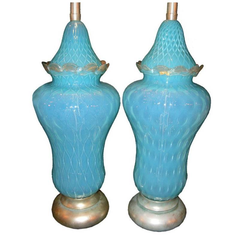 Set of Four Large Blue Murano Lamps, Sold per Pair For Sale