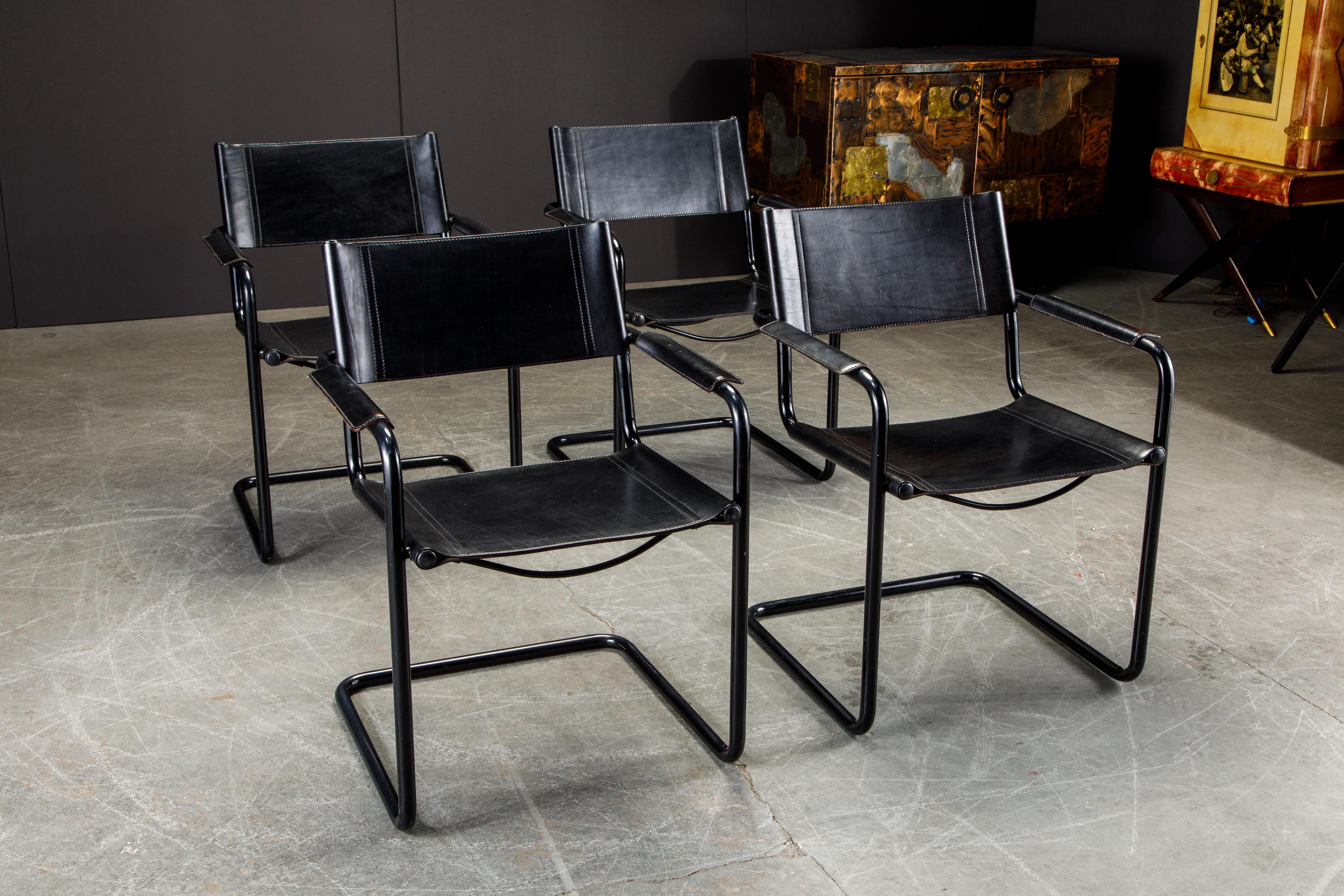 Mid-Century Modern Set of Four Matteo Grassi 'MG Visitor' Black Leather Armchairs, c. 1980, Signed