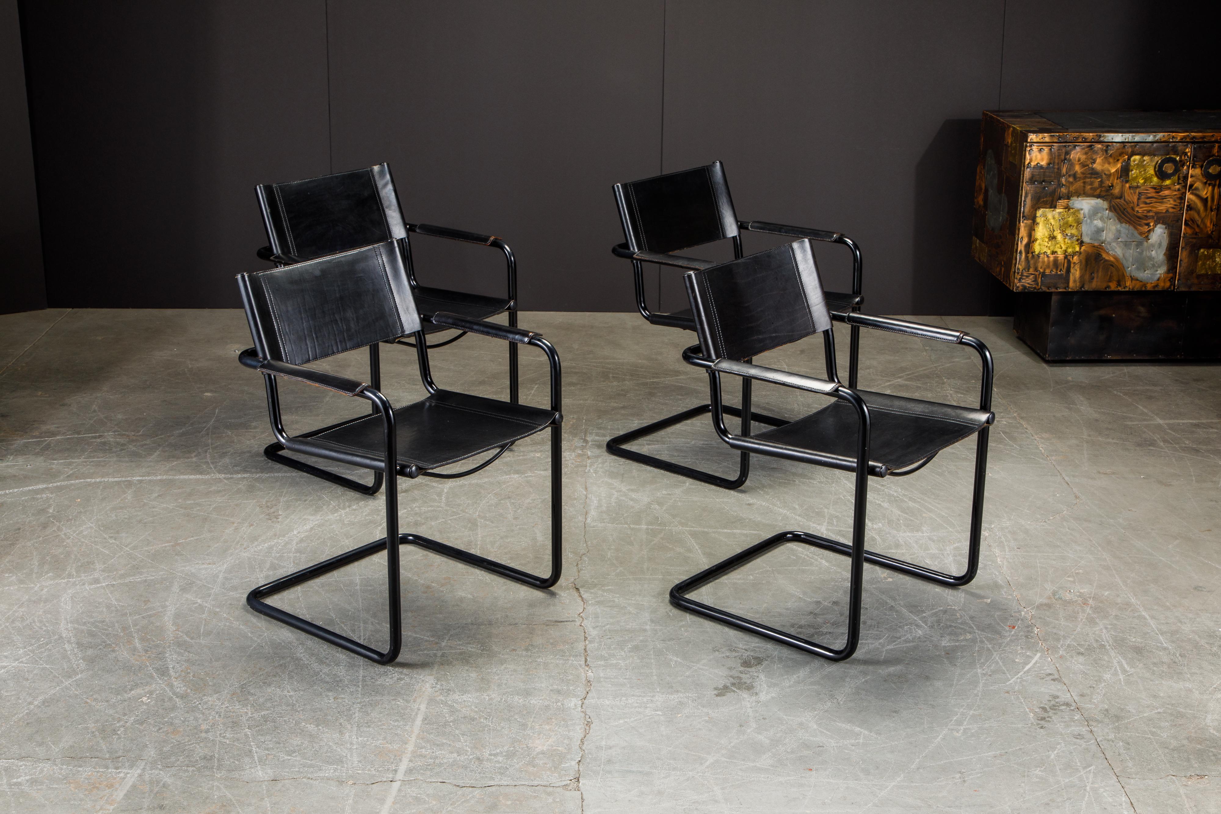 Italian Set of Four Matteo Grassi 'MG Visitor' Black Leather Armchairs, c. 1980, Signed