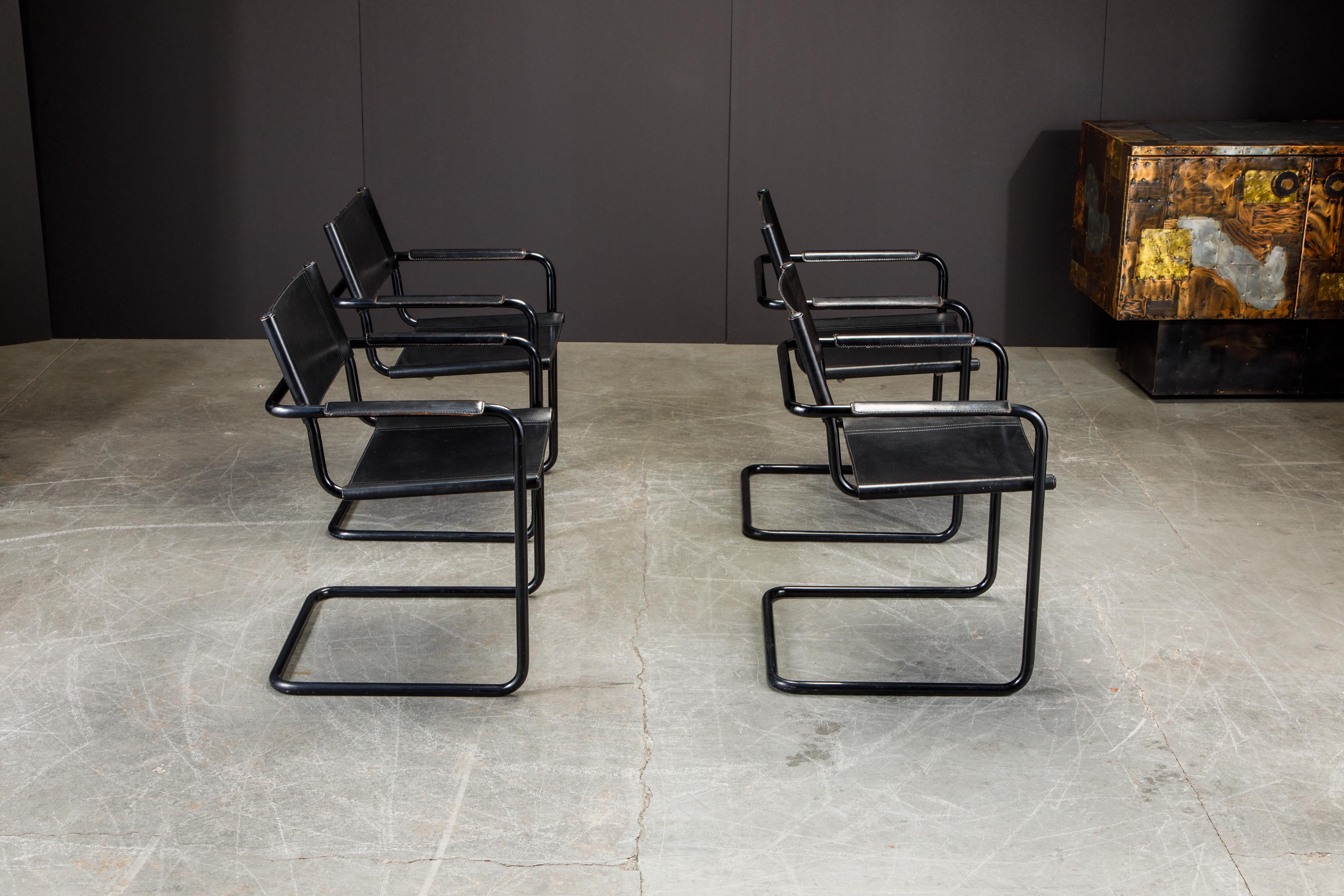 Set of Four Matteo Grassi 'MG Visitor' Black Leather Armchairs, c. 1980, Signed In Good Condition In Los Angeles, CA