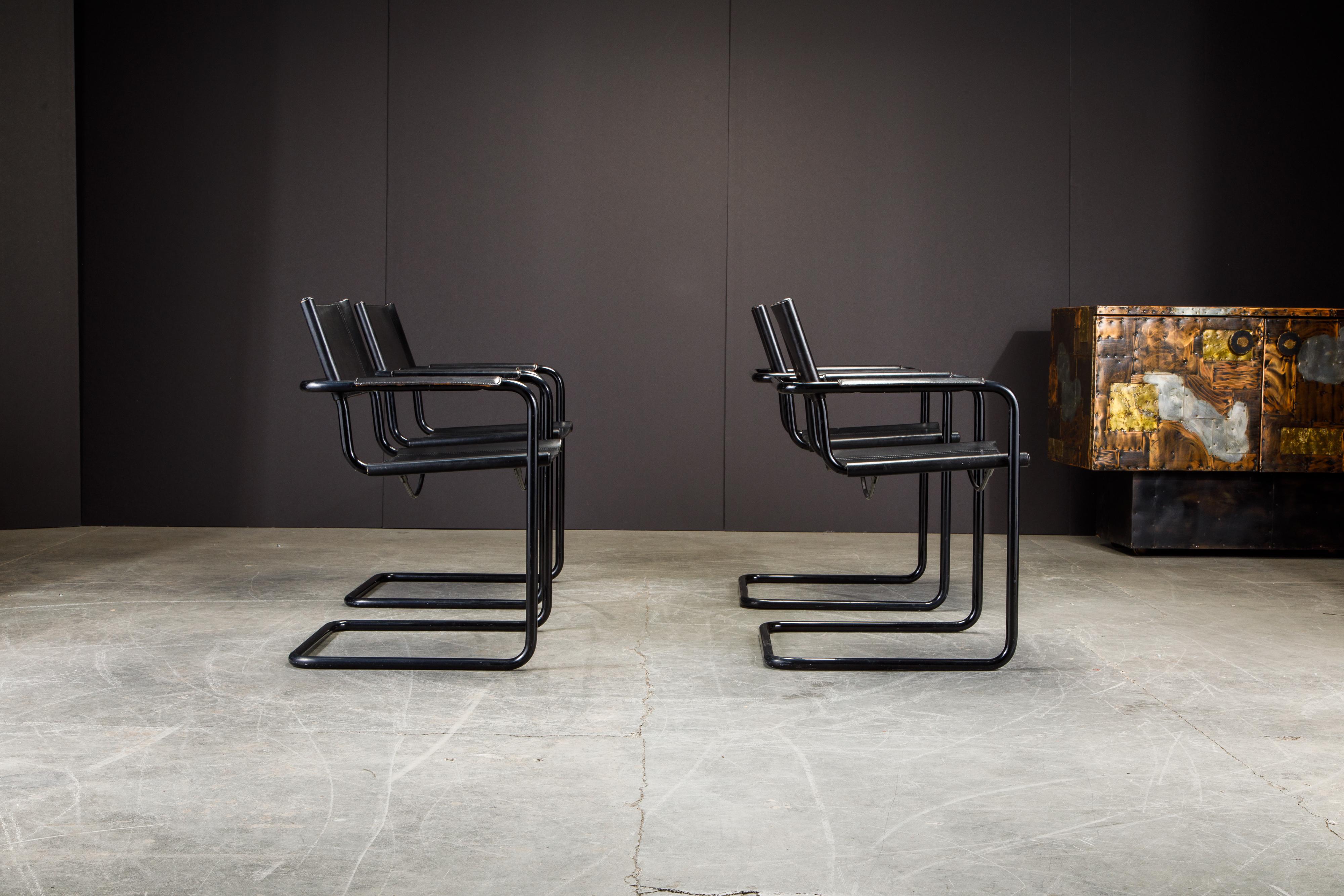 Late 20th Century Set of Four Matteo Grassi 'MG Visitor' Black Leather Armchairs, c. 1980, Signed