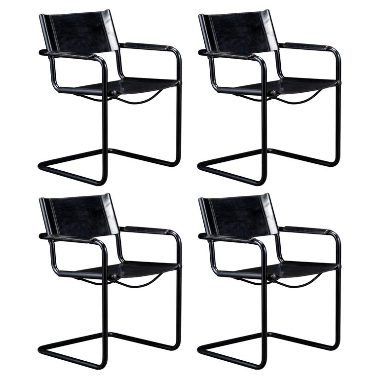 Set of Four Matteo Grassi 'MG Visitor' Black Leather Armchairs, c. 1980,  Signed For Sale at 1stDibs