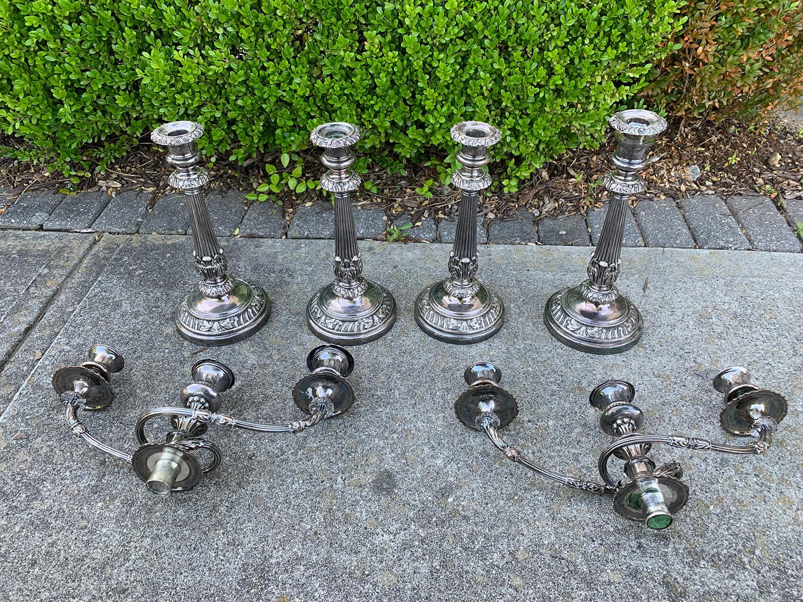 Set of Four Matthew Boulton Sheffield Plate Candlesticks and Candelabras, Marked 4