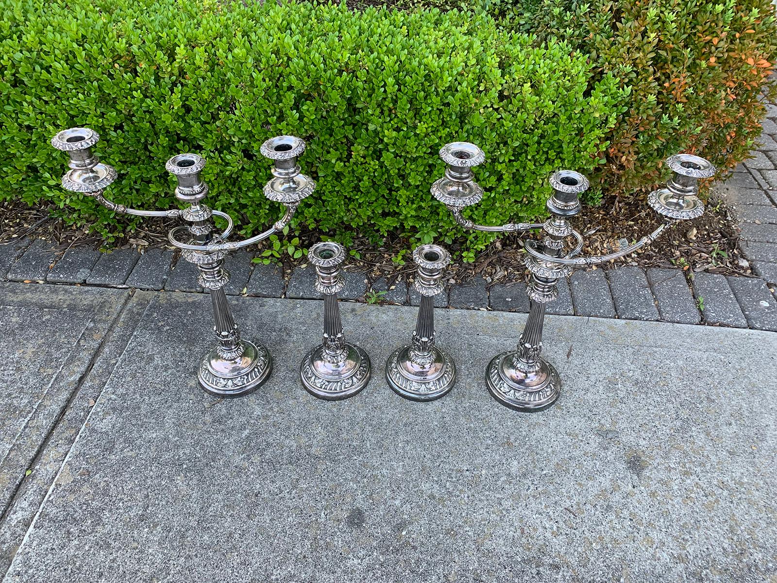 Set of Four Matthew Boulton Sheffield Plate Candlesticks and Candelabras, Marked 5