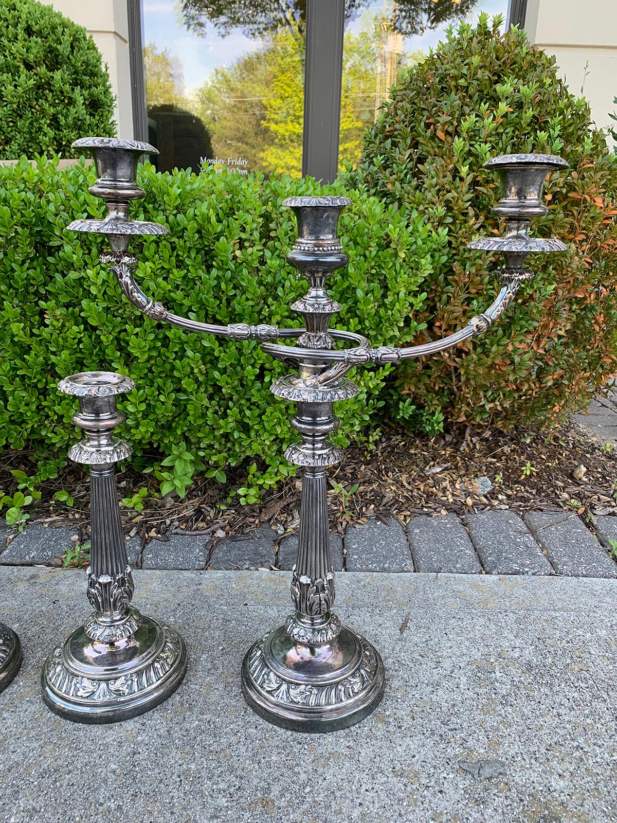 Set of Four Matthew Boulton Sheffield Plate Candlesticks and Candelabras, Marked 7