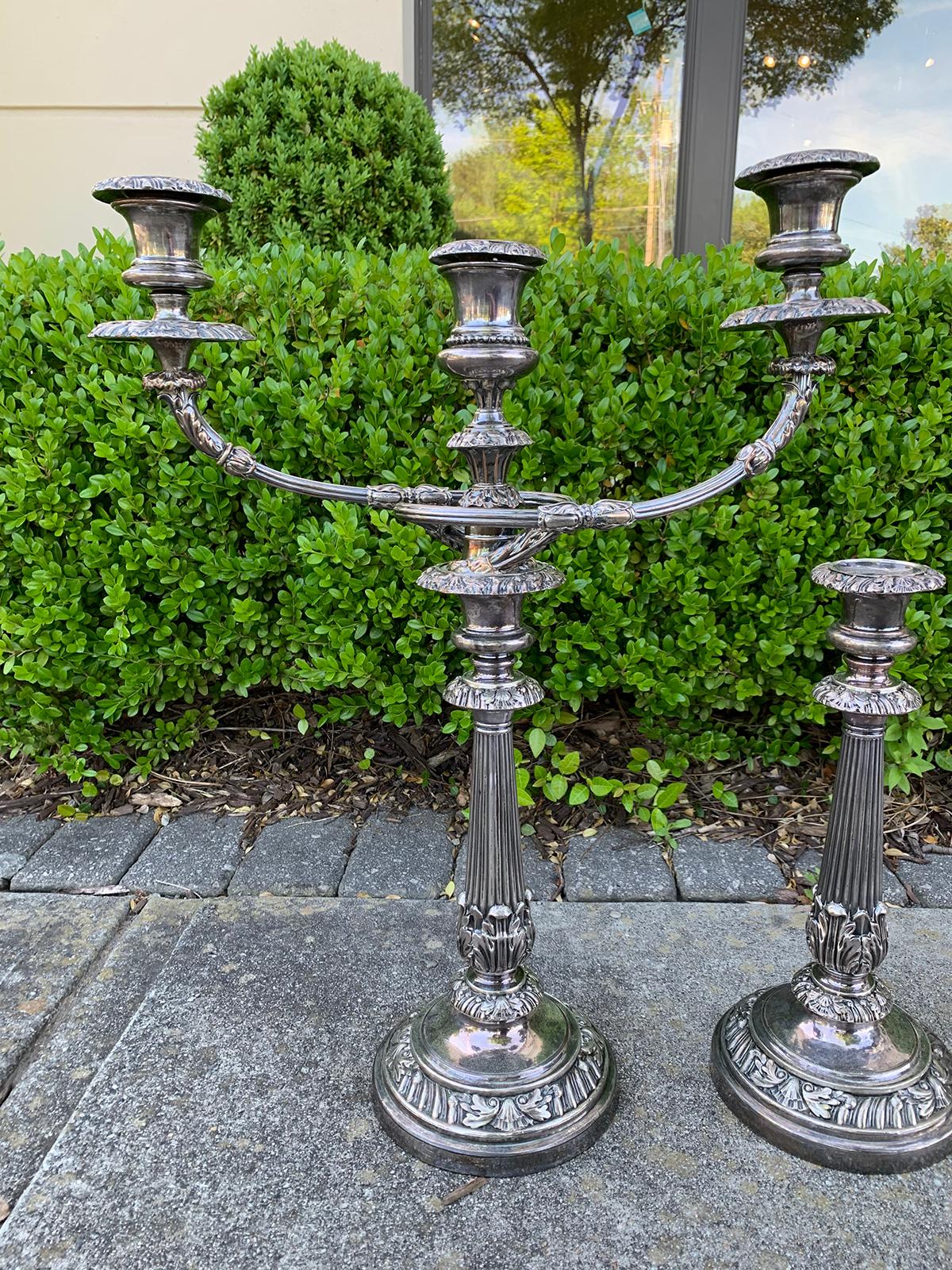 Set of Four Matthew Boulton Sheffield Plate Candlesticks and Candelabras, Marked In Good Condition In Atlanta, GA