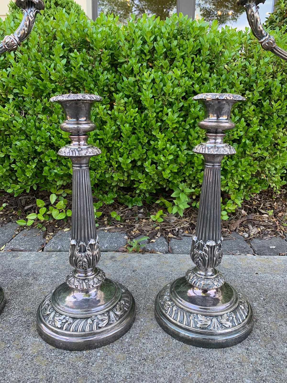 19th Century Set of Four Matthew Boulton Sheffield Plate Candlesticks and Candelabras, Marked