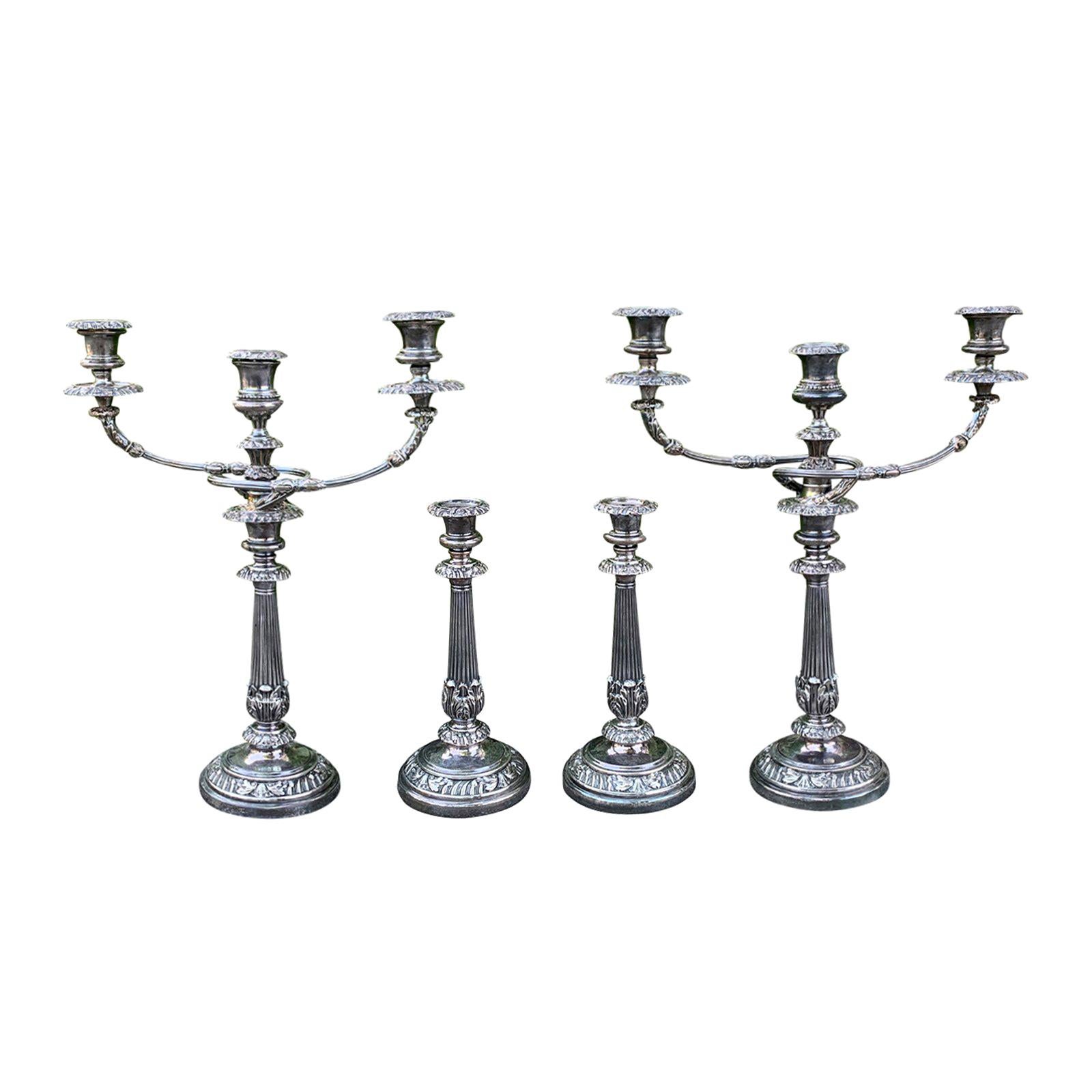 Set of Four Matthew Boulton Sheffield Plate Candlesticks and Candelabras, Marked