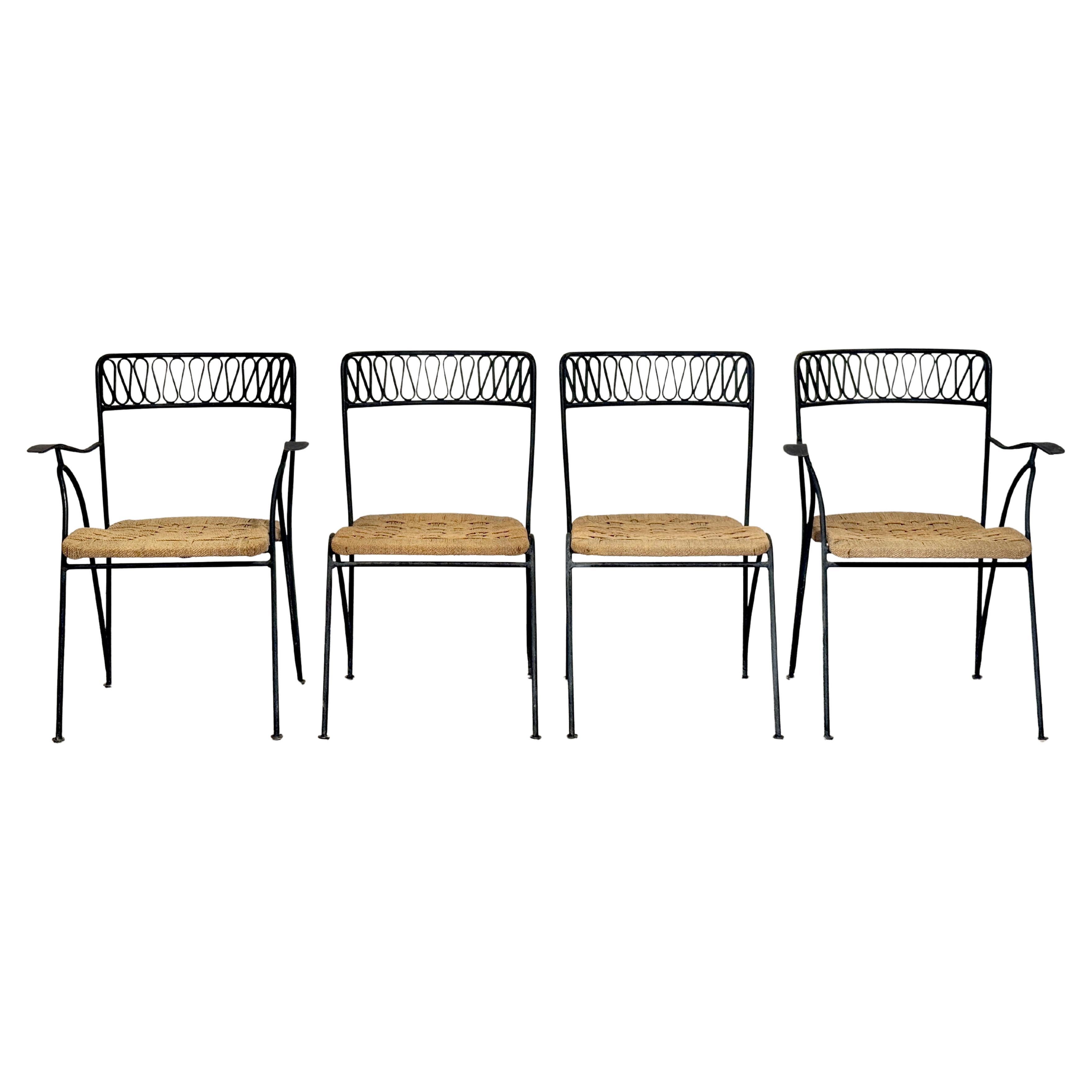 Set of Four Maurizio Tempestini Iron and Rope Ribbon Chairs for Salterini 1950s