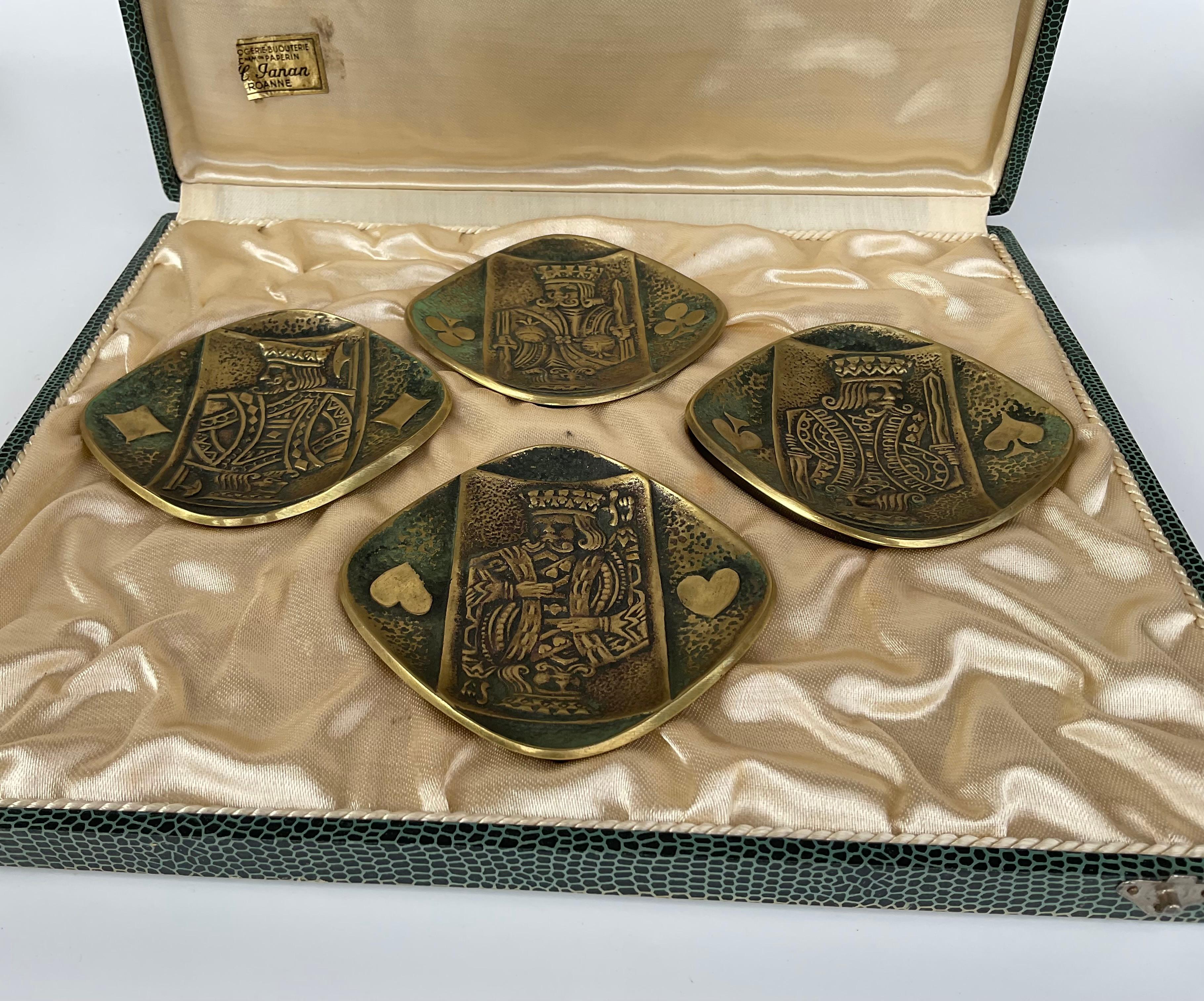Set of Four Max LeVerrier Bronze footed sculptures of kings signed by the artist. Dimensions given are for each dish. The four pieces come in the original box as shown. 