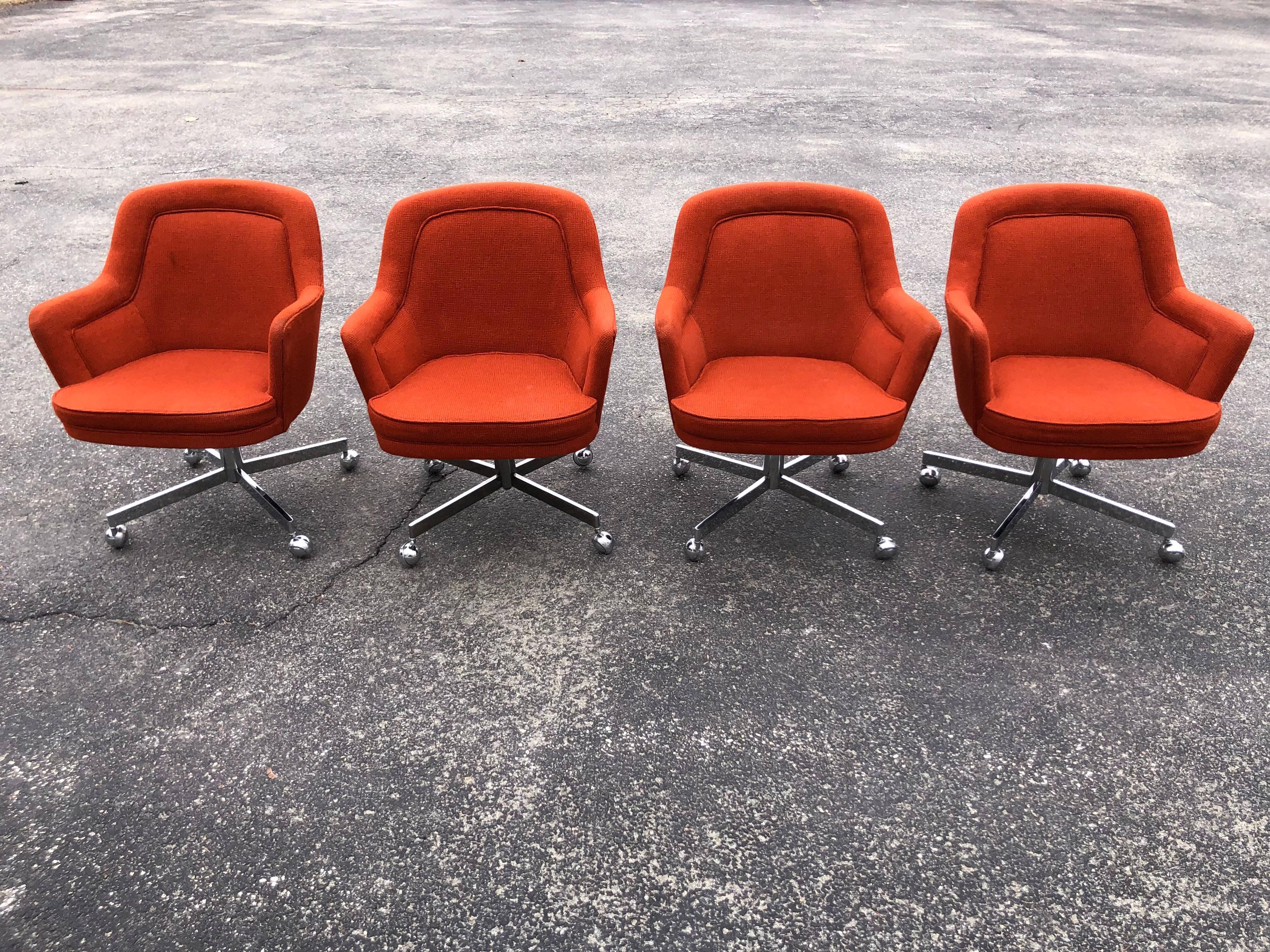 Set of Four Chairs, in the style of Max Pearson for Knoll Executive in burnt orange. These are solid chairs and in excellent condition. We believe this is the original upholstery but  must of had little use. No re-upholstery is needed. Chrome is in