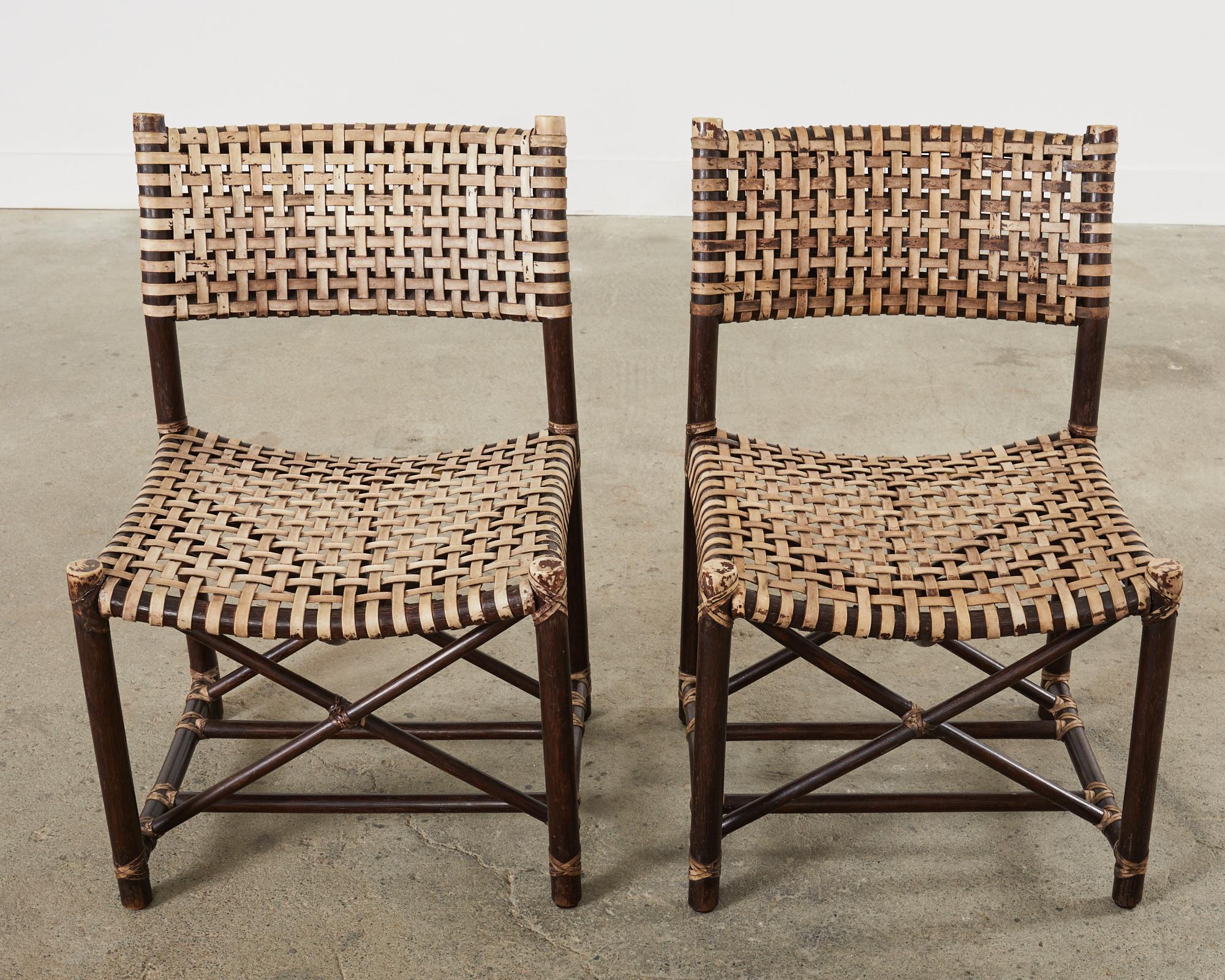 Hand-Crafted Set of Four McGuire Antalya Laced Rawhide Rattan Dining Chairs  For Sale