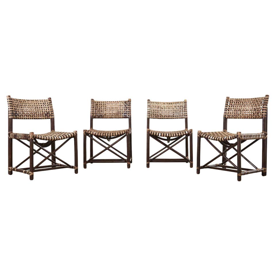 Set of Four McGuire Rattan Leather Target Dining Chairs at 1stDibs