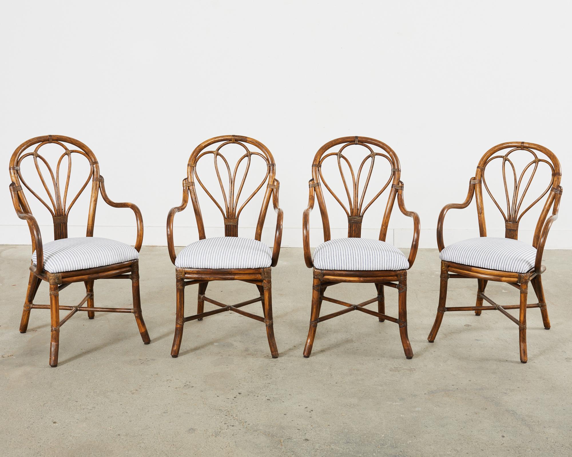 Organic Modern Set of Four McGuire Art Nouveau Style Rattan Dining Armchairs For Sale