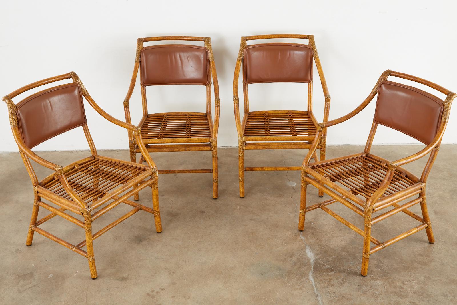 American Set of Four McGuire Bamboo Rattan Leather Dining Armchairs