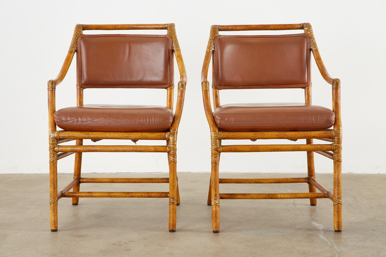 20th Century Set of Four McGuire Bamboo Rattan Leather Dining Armchairs