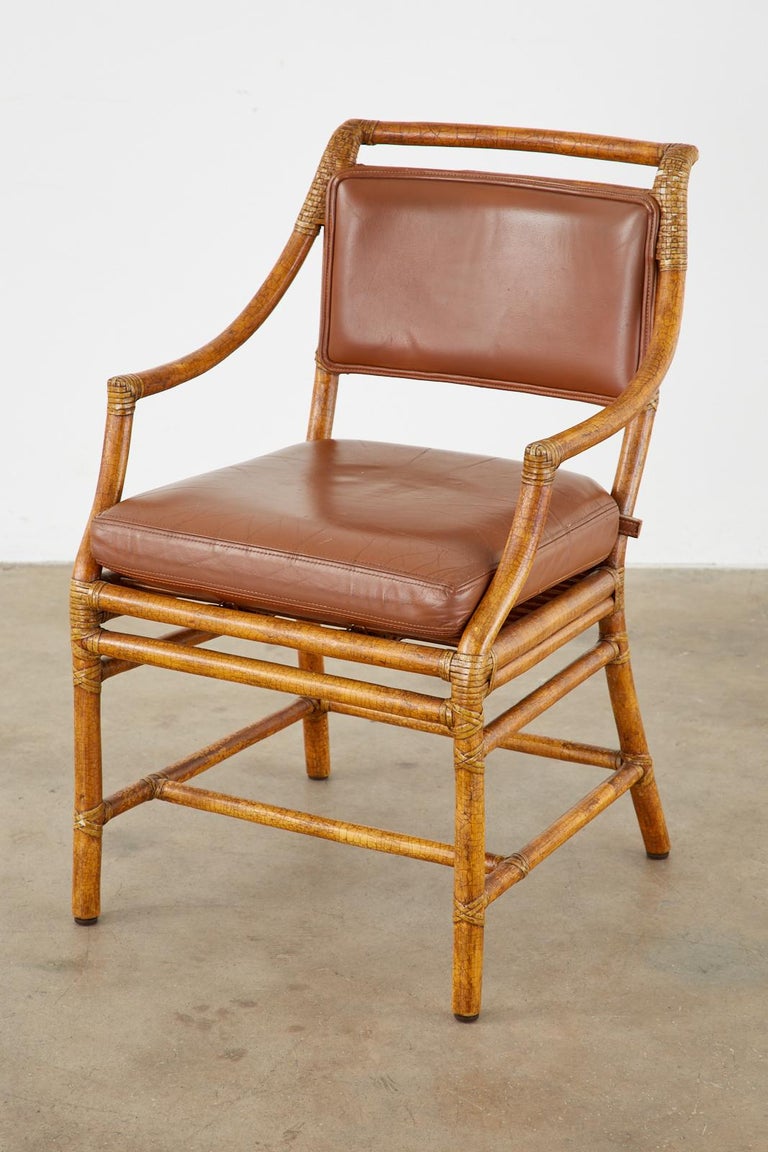 Set of Four McGuire Bamboo Rattan Leather Dining Armchairs at 1stDibs