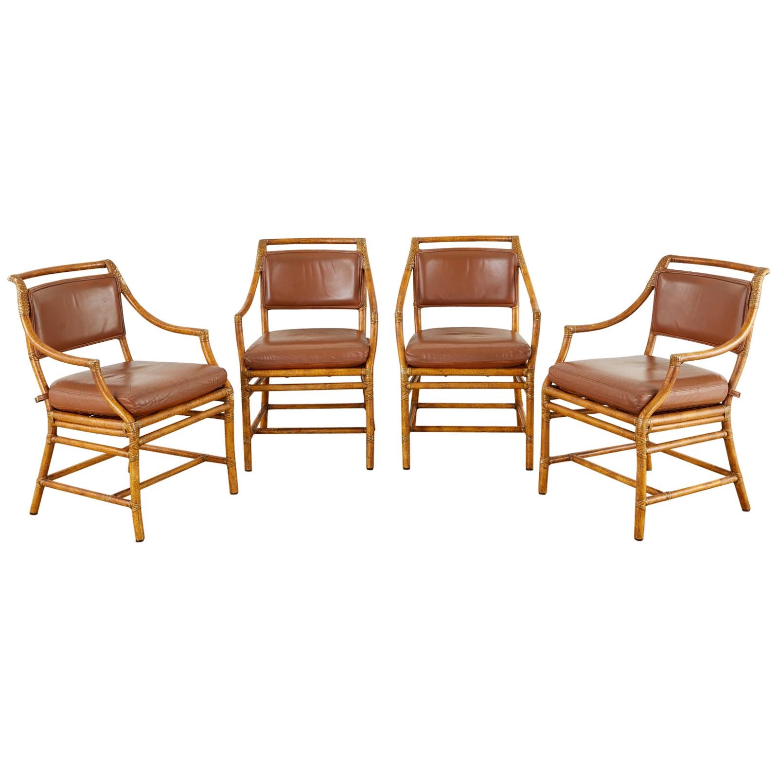 Set of Four McGuire Bamboo Rattan Leather Dining Armchairs
