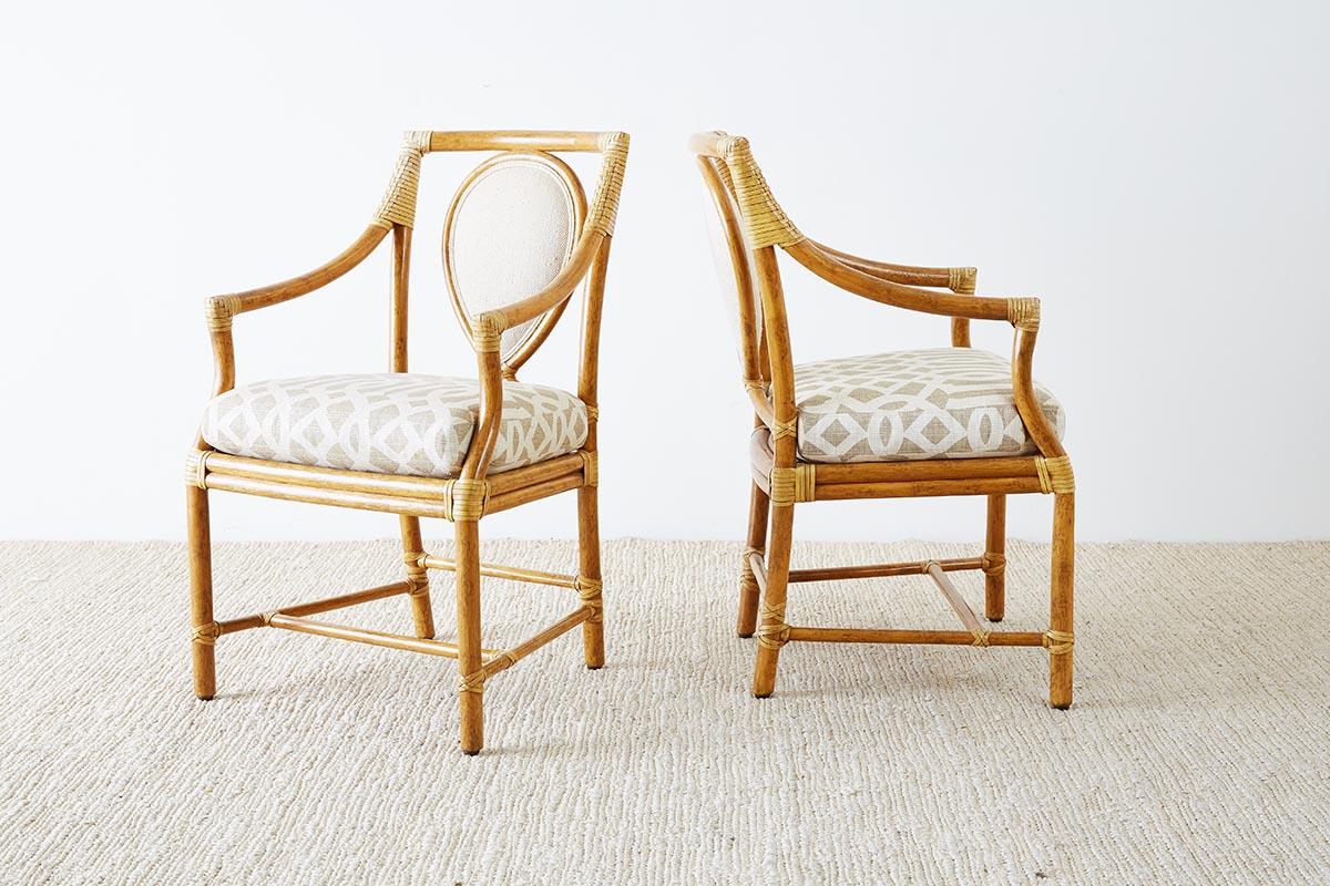 Set of Four McGuire Bamboo Rattan Linen Dining Armchairs  5