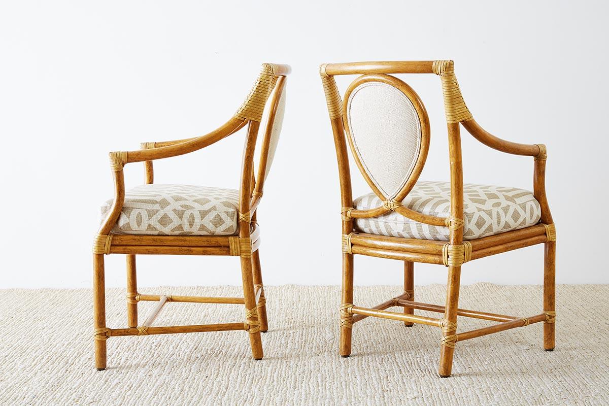 Set of Four McGuire Bamboo Rattan Linen Dining Armchairs  8