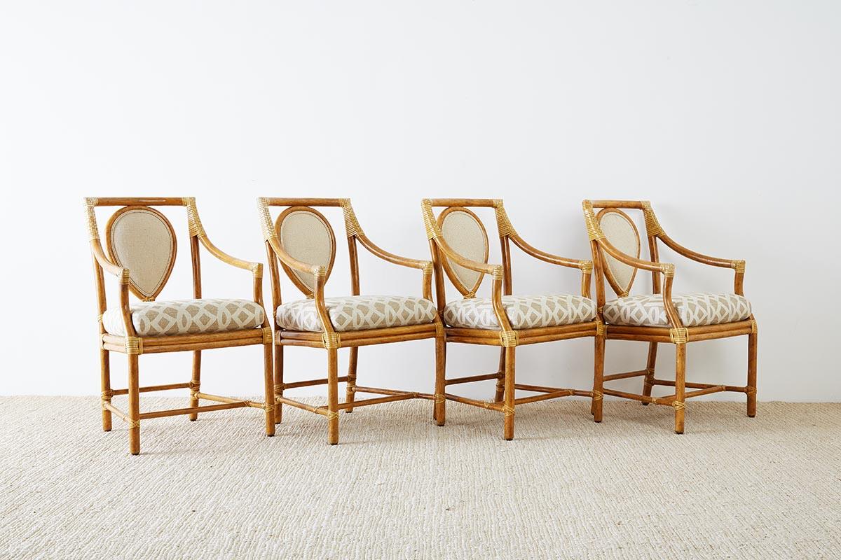 Organic Modern Set of Four McGuire Bamboo Rattan Linen Dining Armchairs 