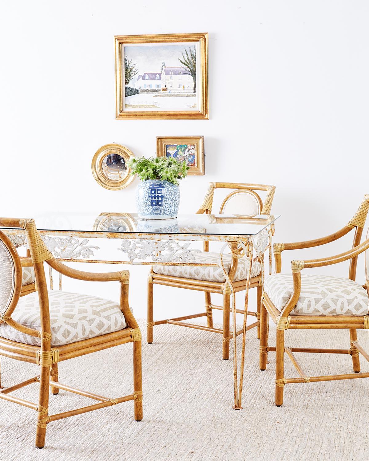 American Set of Four McGuire Bamboo Rattan Linen Dining Armchairs 