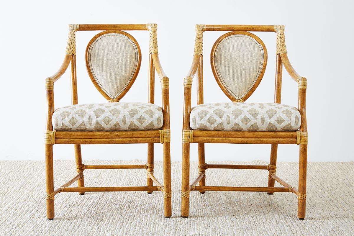 Hand-Crafted Set of Four McGuire Bamboo Rattan Linen Dining Armchairs 