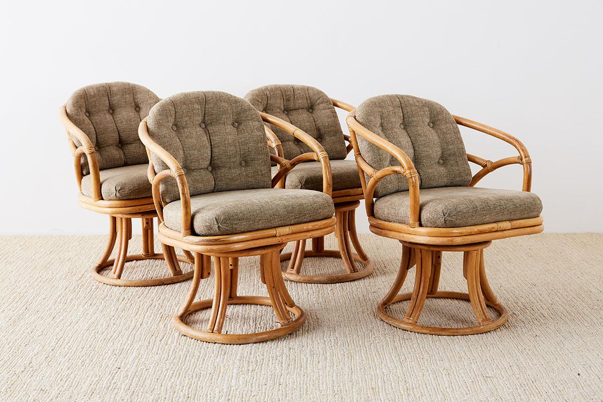 Mid-Century Modern Set of Four McGuire Bamboo Rattan Swivel Armchairs