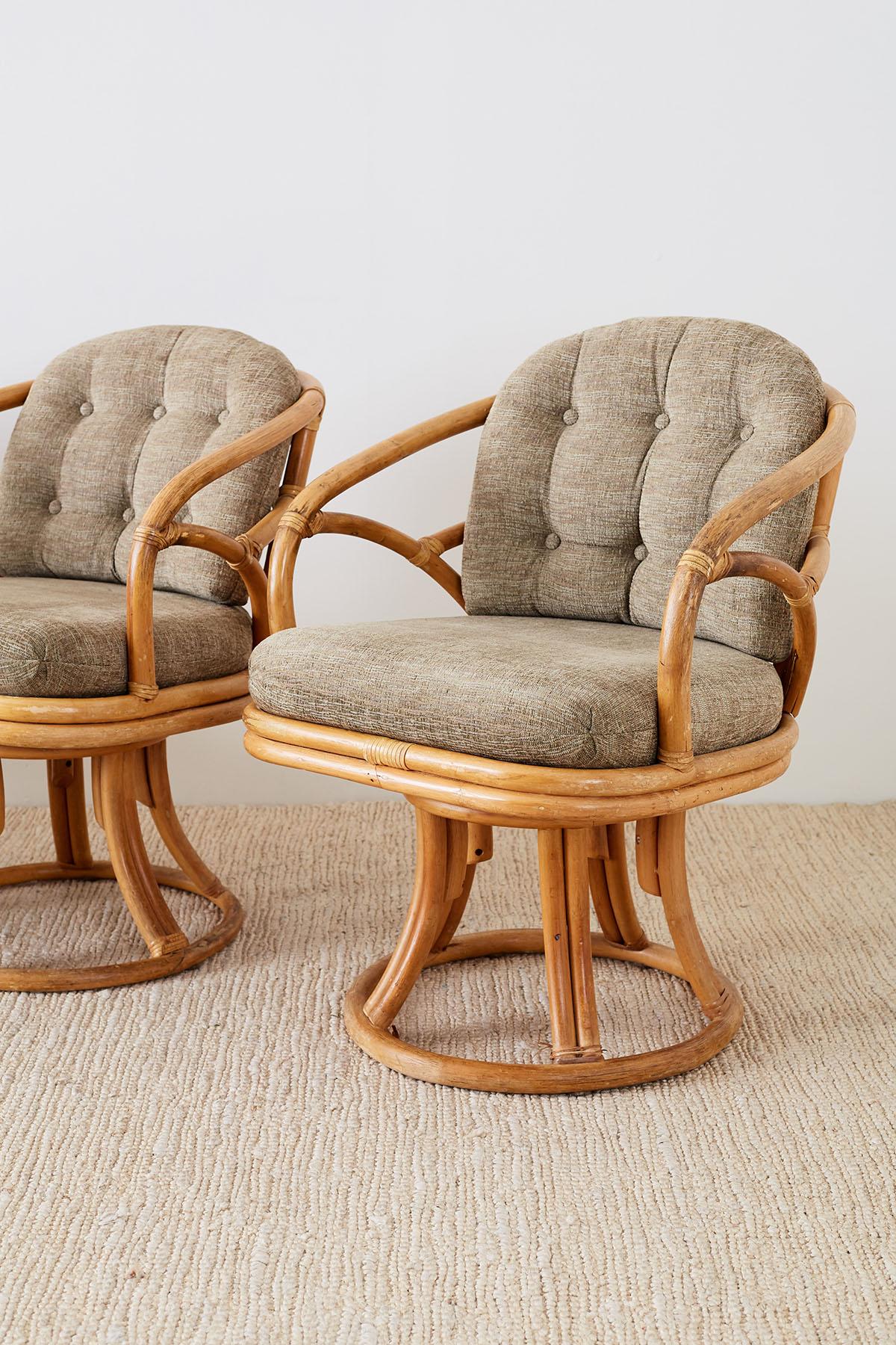 American Set of Four McGuire Bamboo Rattan Swivel Armchairs