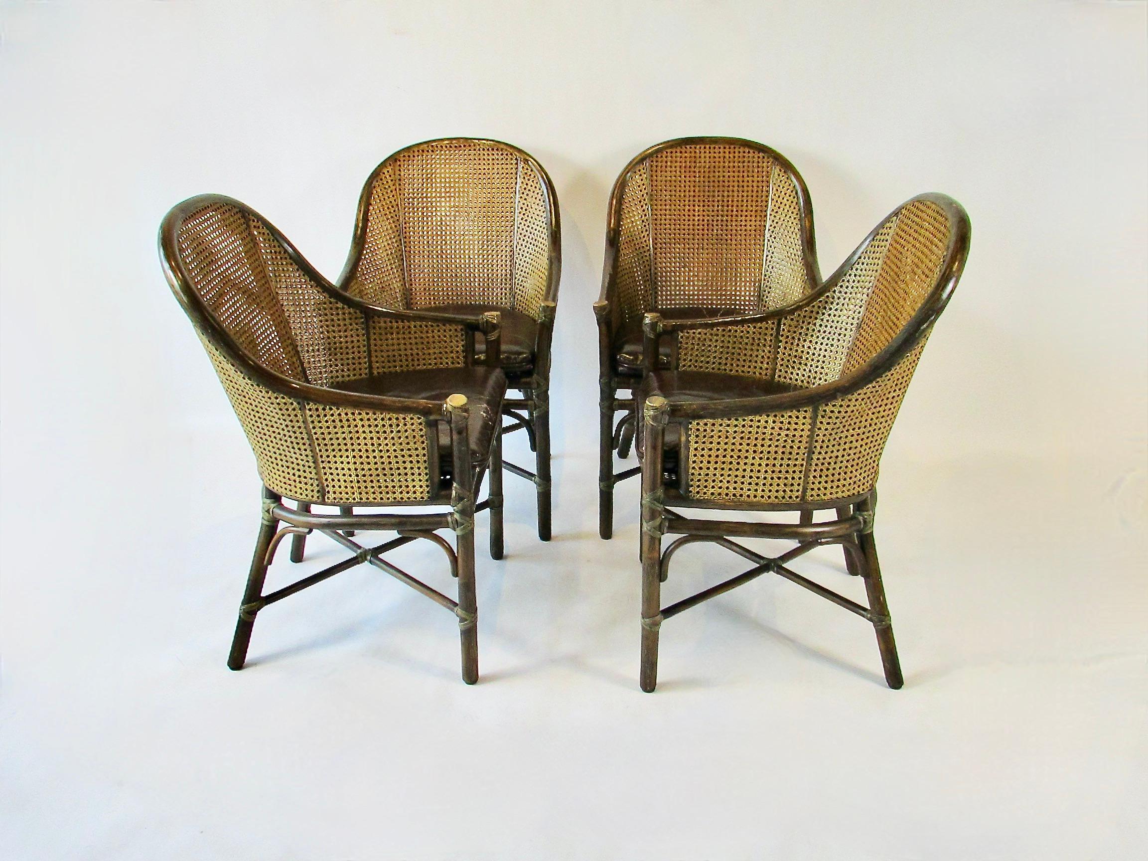 Set of four McGuire Bamboo with cane leather seat Belden dining chairs For Sale 3