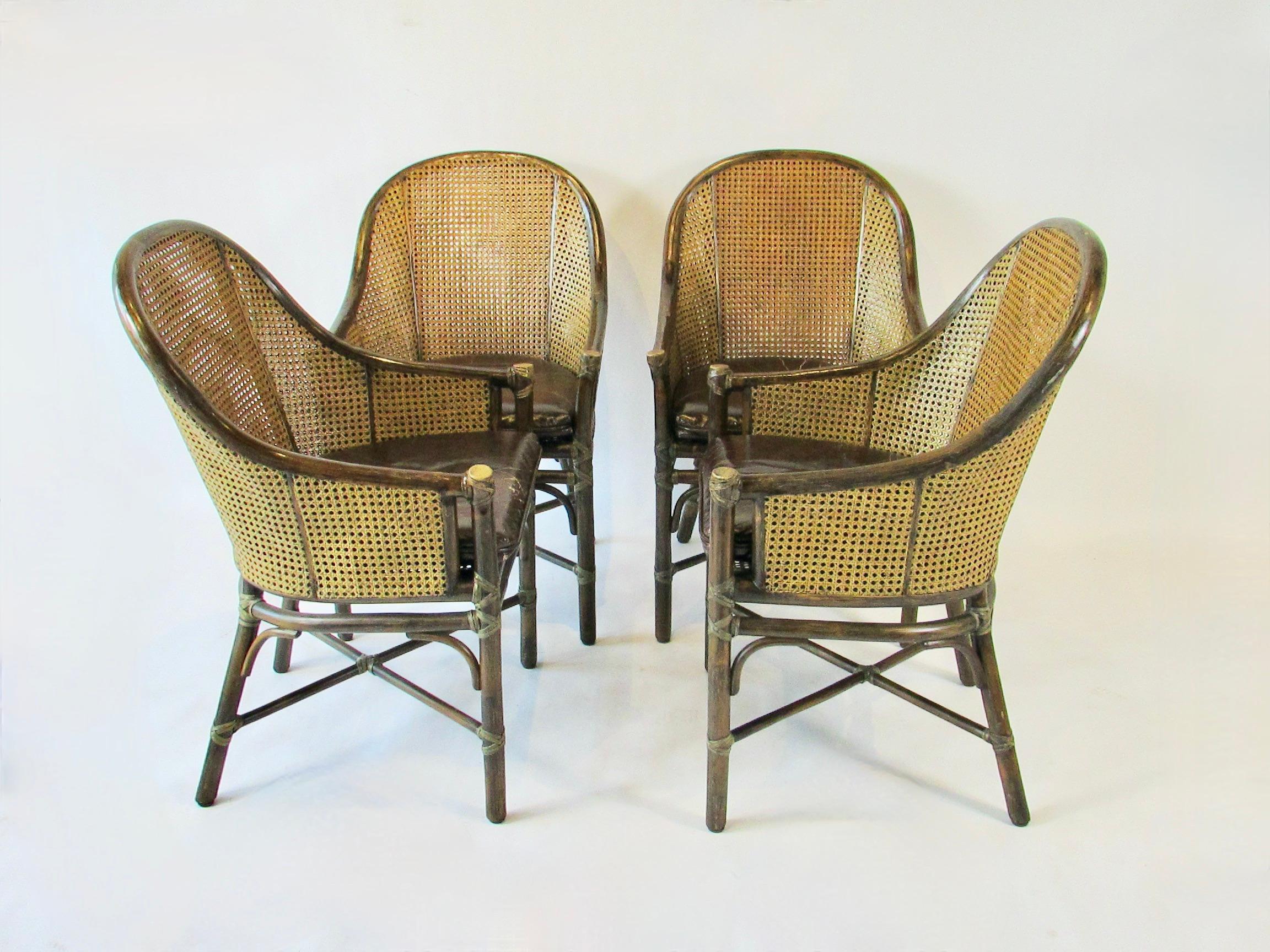 Set of four McGuire Bamboo with cane leather seat Belden dining chairs For Sale 4