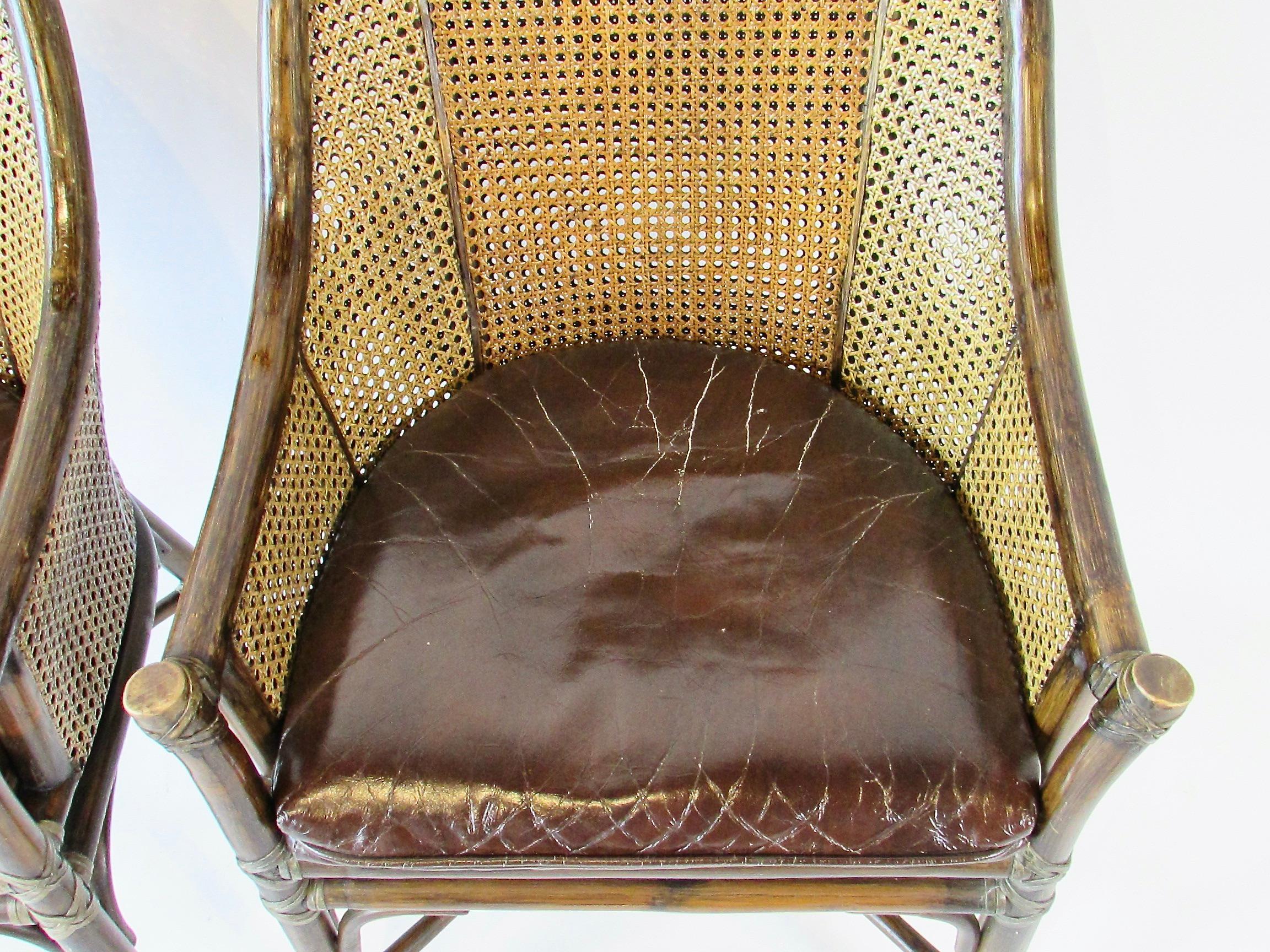 Set of four McGuire Bamboo with cane leather seat Belden dining chairs For Sale 6