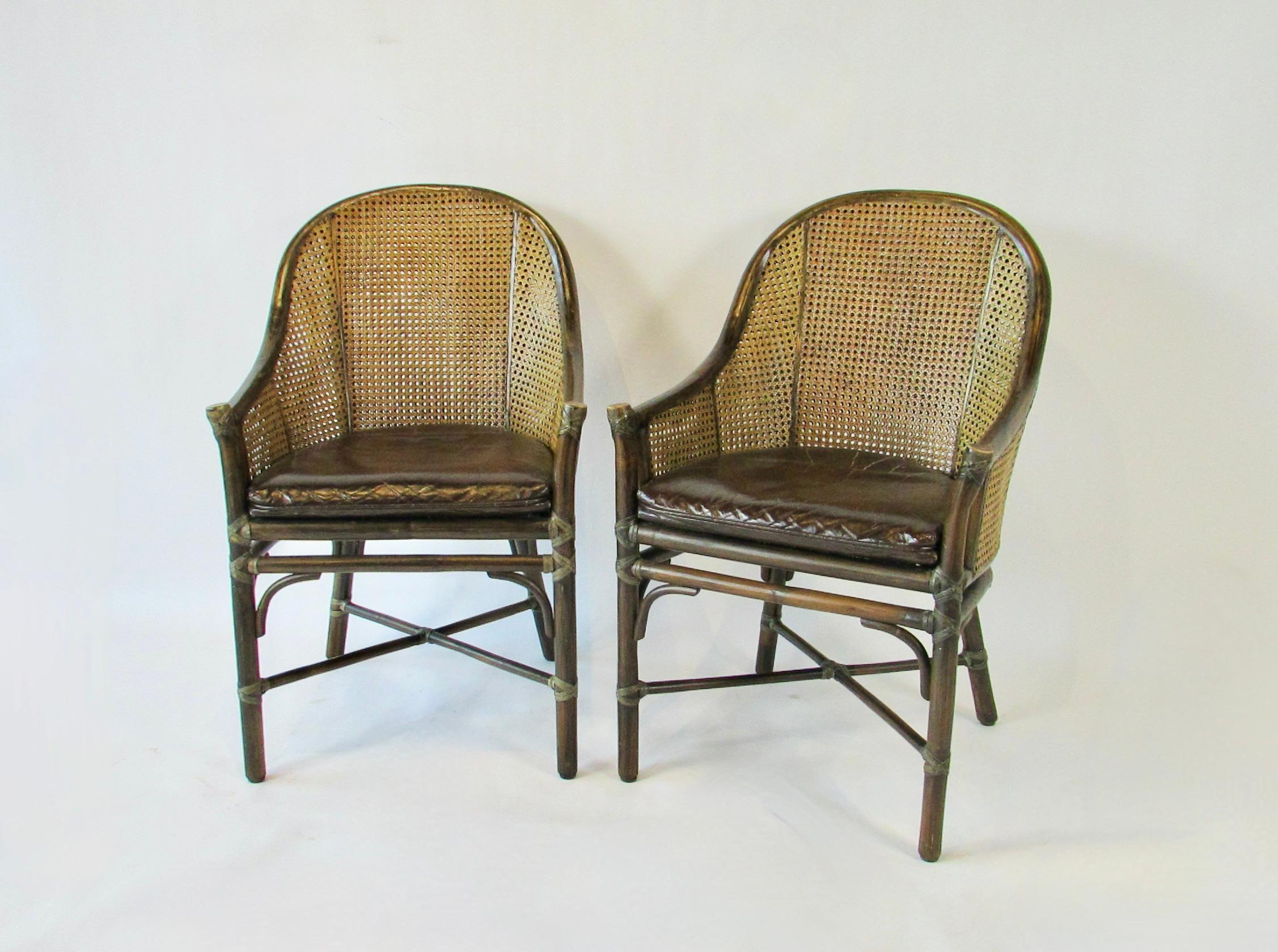 Hollywood Regency Set of four McGuire Bamboo with cane leather seat Belden dining chairs For Sale