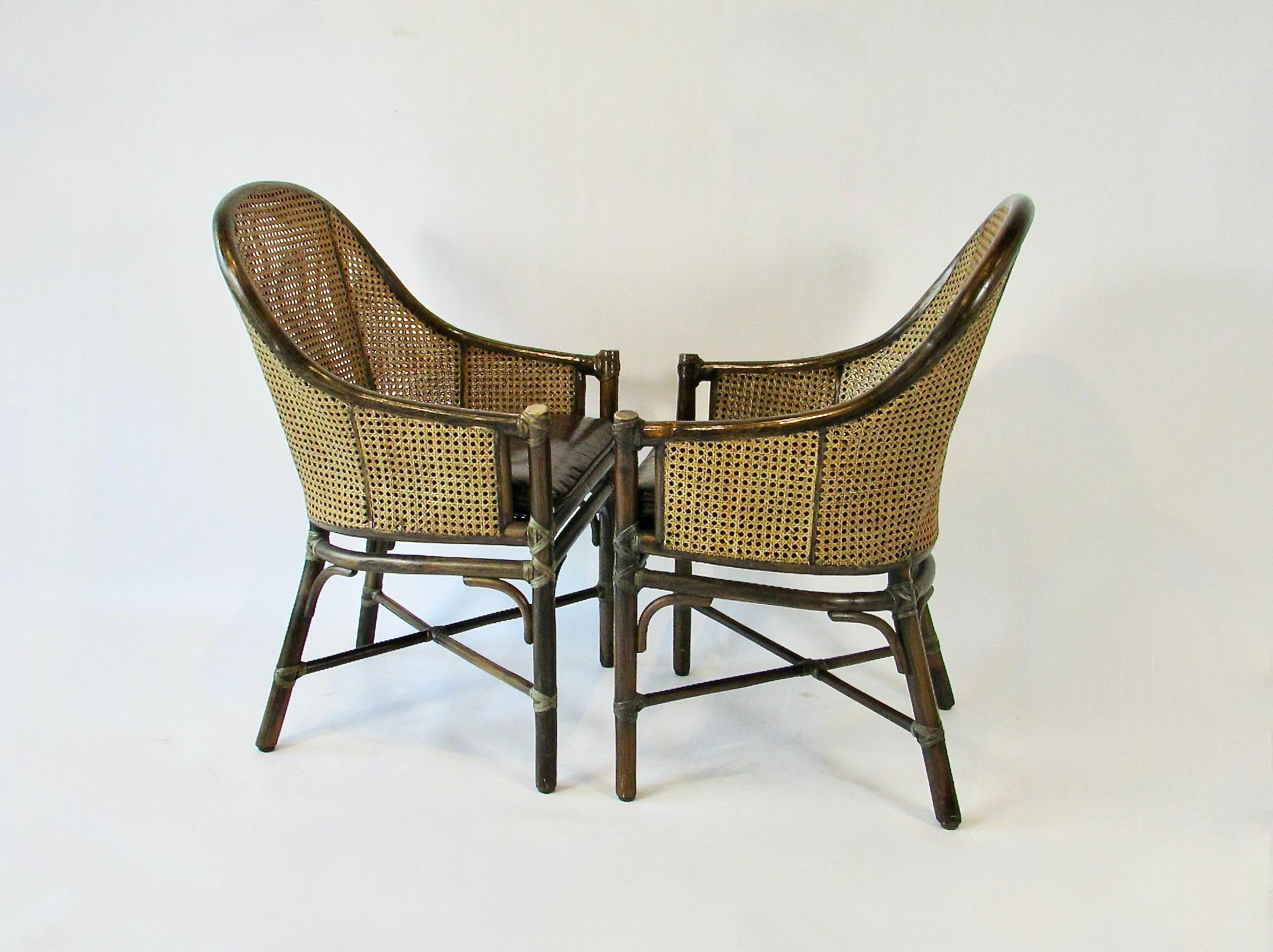 American Set of four McGuire Bamboo with cane leather seat Belden dining chairs For Sale
